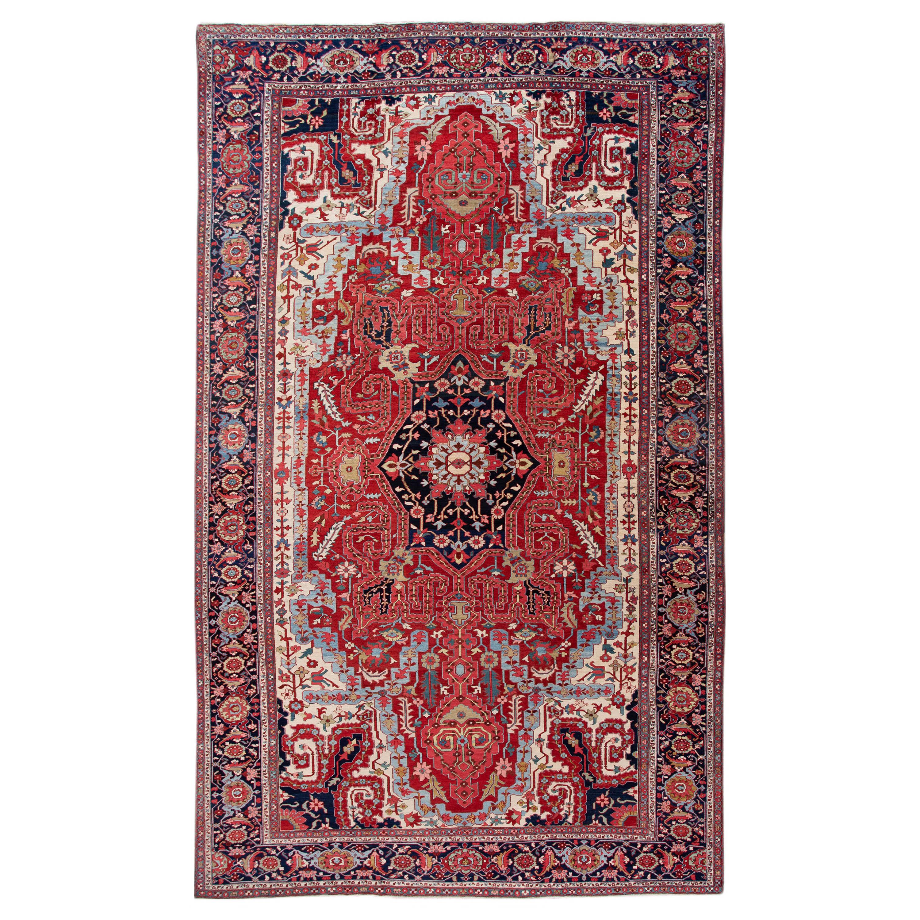 Red 19th Century Antique Serapi Handmade Wool Rug For Sale
