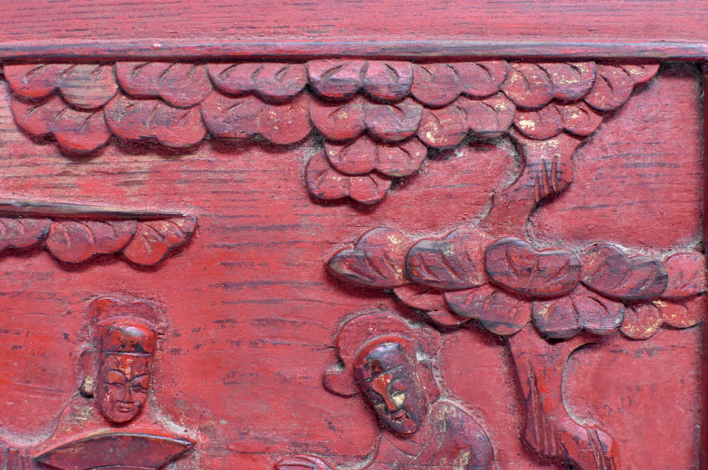 Chinese Red 19th Century Carved Panel, Official Friends