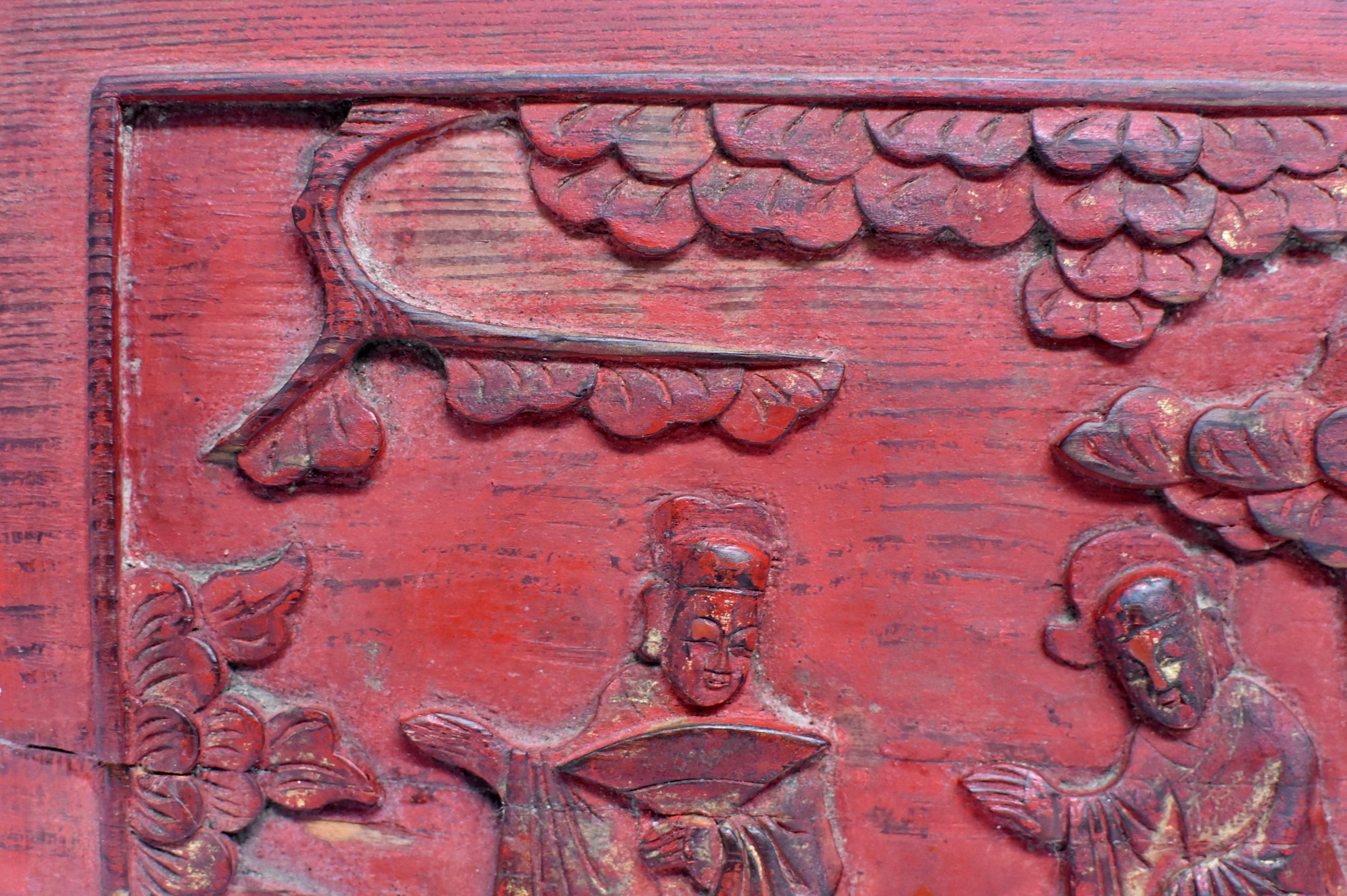 Hand-Carved Red 19th Century Carved Panel, Official Friends