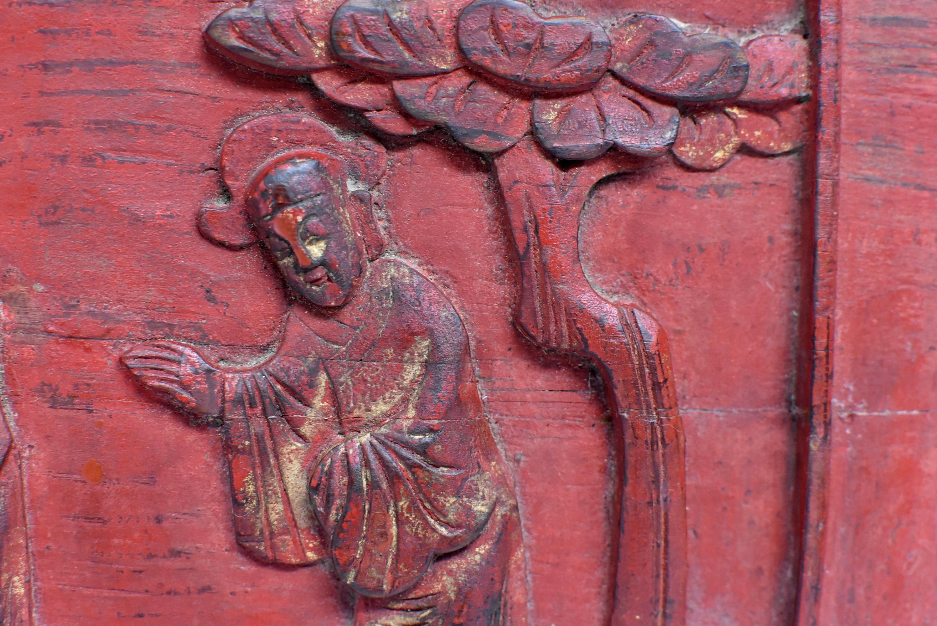 Wood Red 19th Century Carved Panel, Official Friends