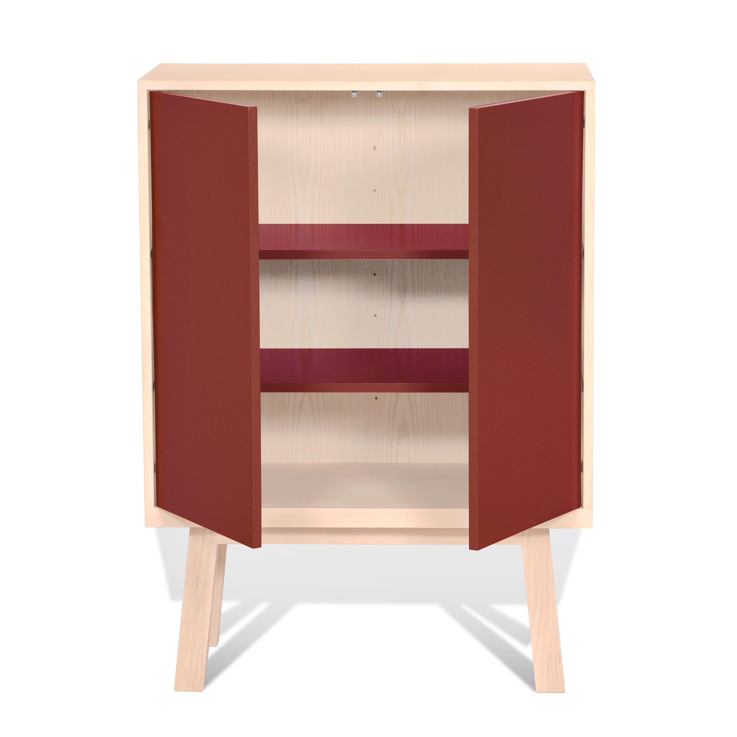 Scandinavian Modern Red 2-Door Cabinet Égée in Ash Wood from Pefc-Certified French Forests For Sale