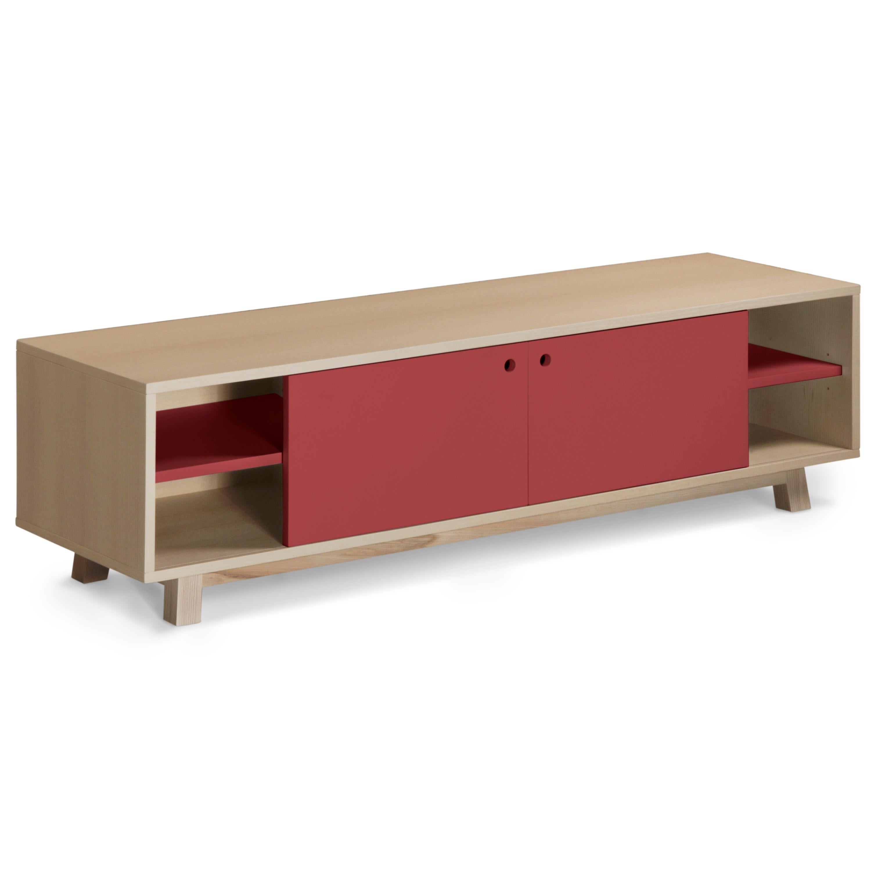 Lacquered red 2-door French TV cabinet, scandinavian design by Eric Gizard Paris  For Sale