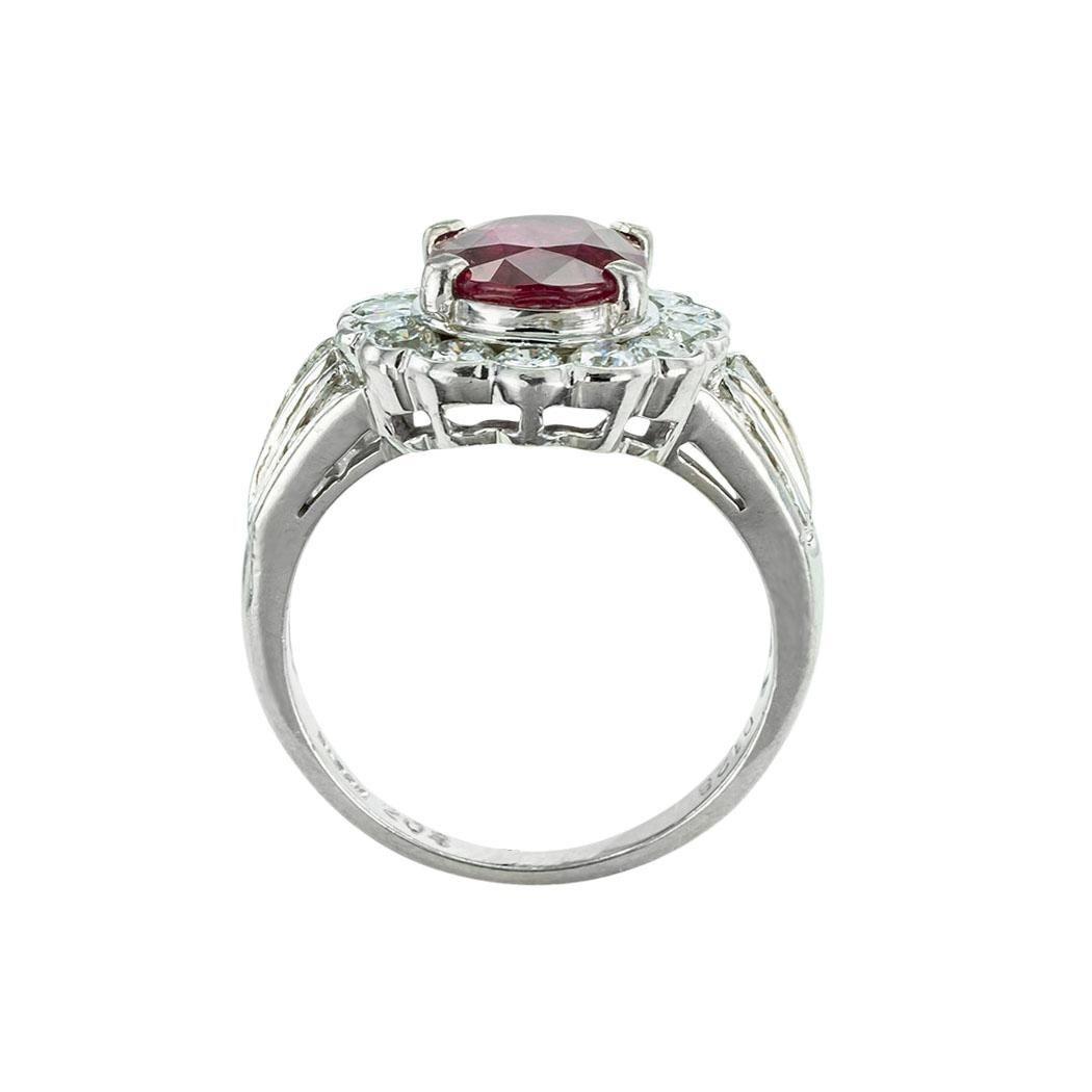 Oval Cut Red 2.04 Carat Ruby Diamond Platinum Ring For Sale