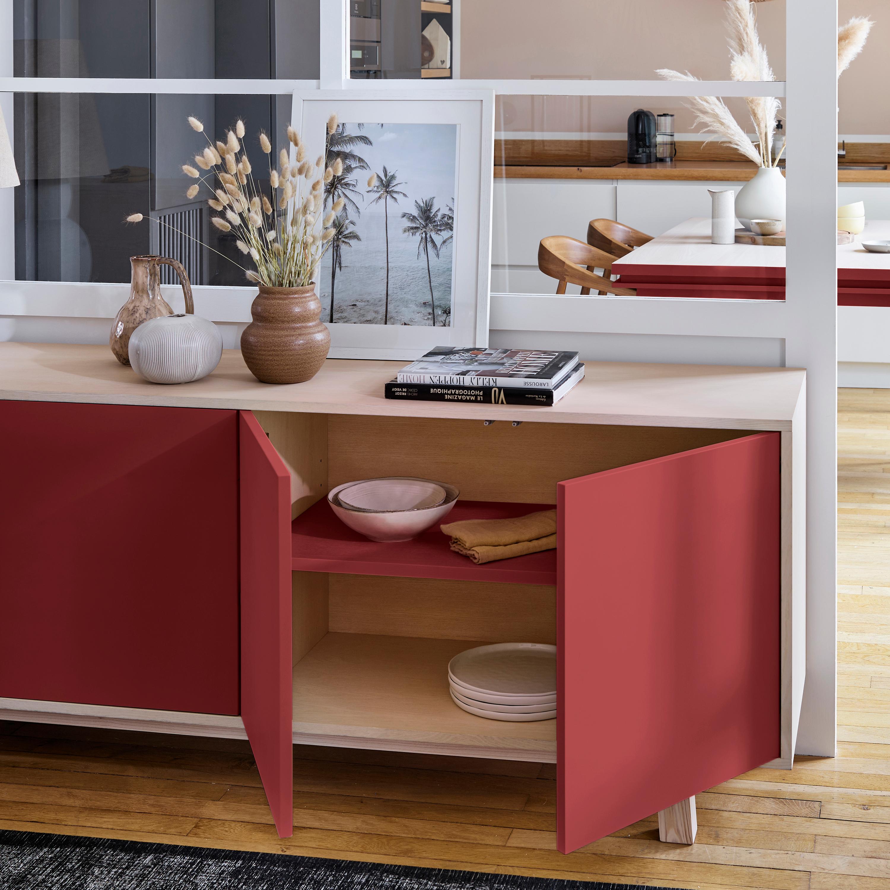 Scandinavian Modern Red 4-Door Low Sideboard in PEFC-Certified Ash Wood, Design Eric Gizard, Paris For Sale