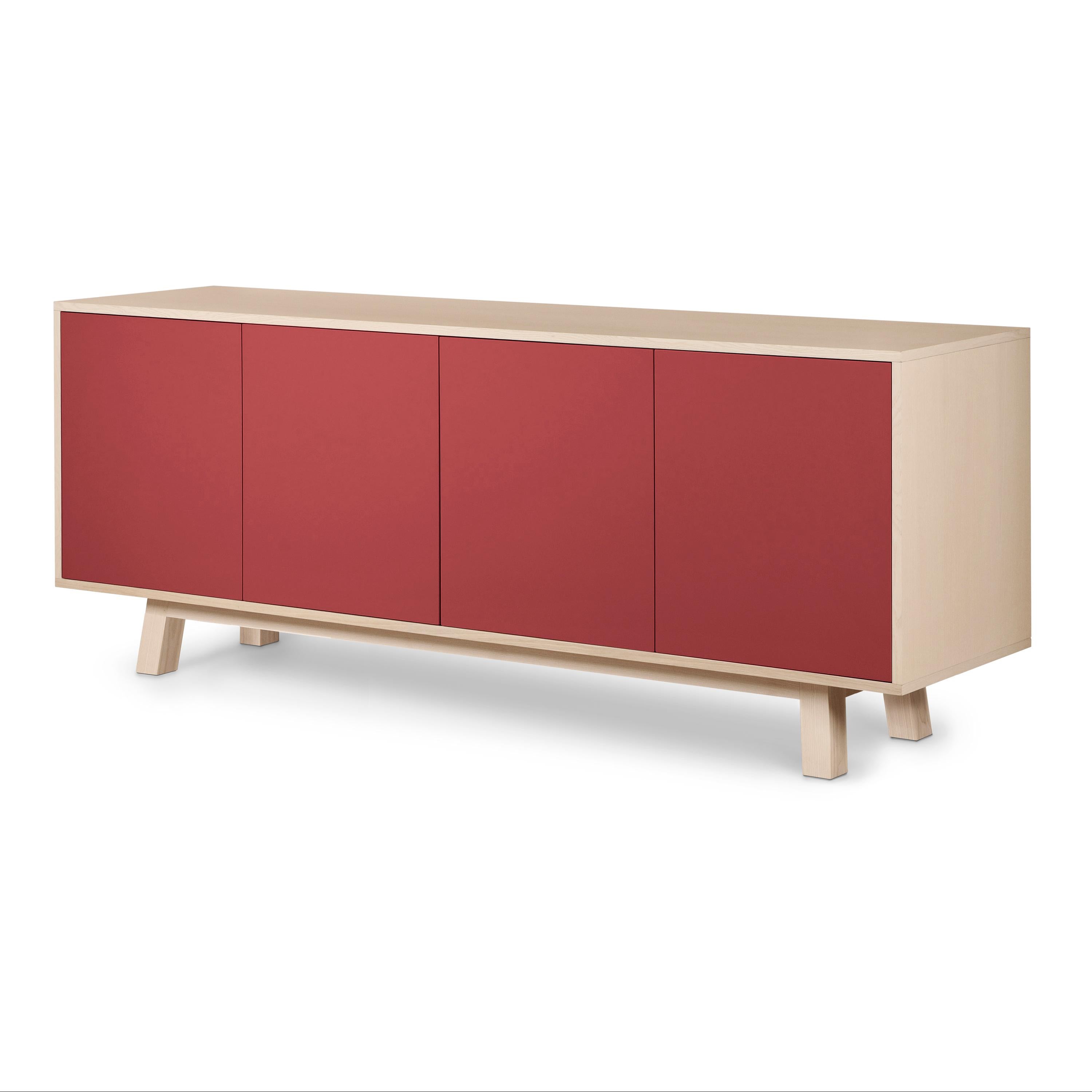 French Red 4-Door Low Sideboard in PEFC-Certified Ash Wood, Design Eric Gizard, Paris For Sale
