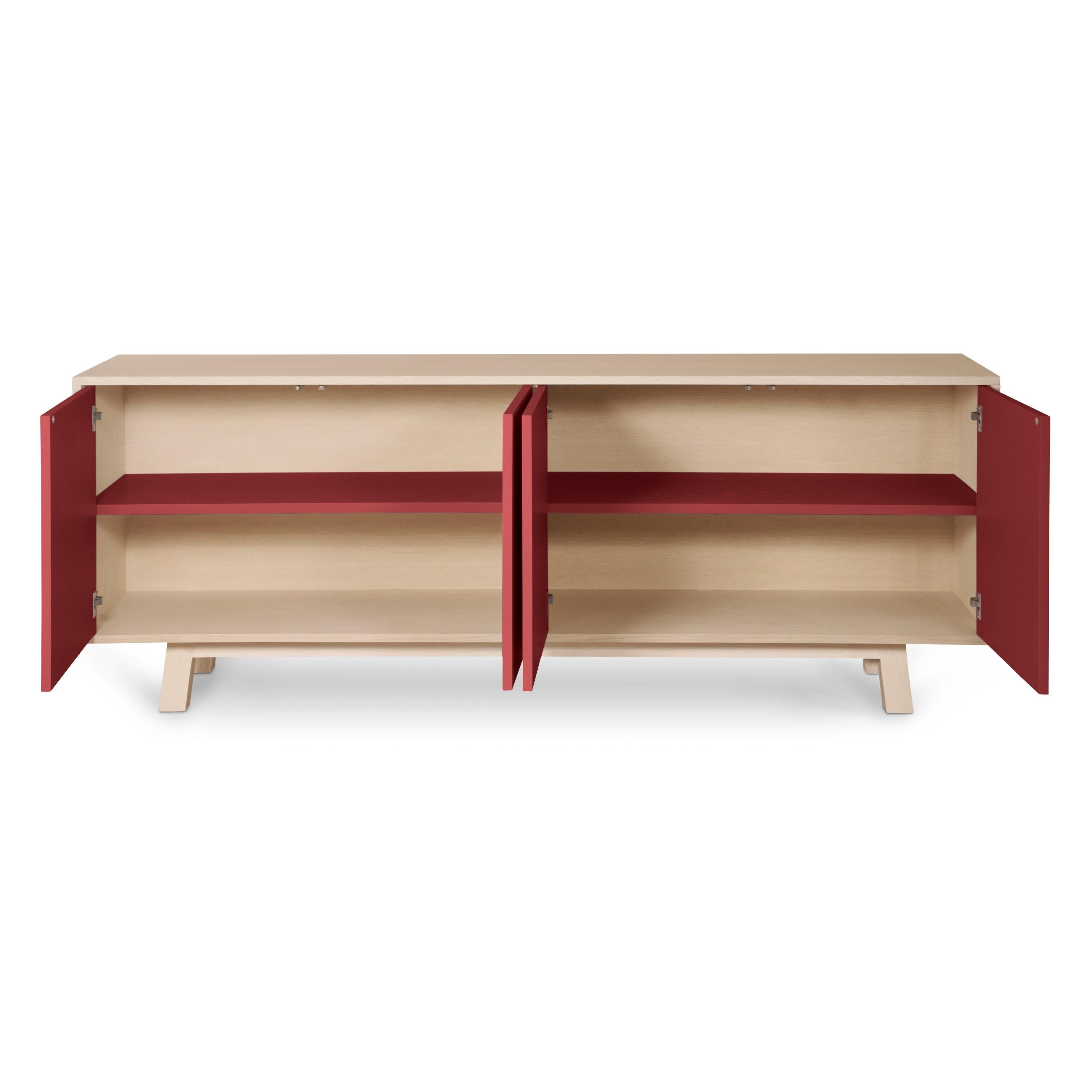Lacquered Red 4-Door Low Sideboard in PEFC-Certified Ash Wood, Design Eric Gizard, Paris For Sale