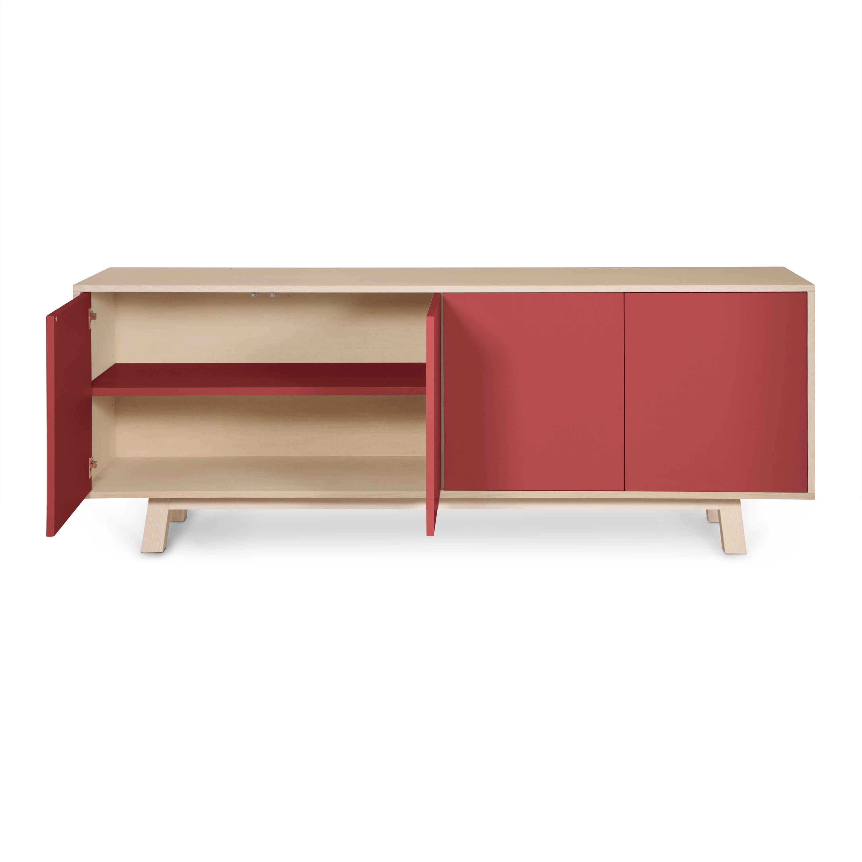 Contemporary Red 4-Door Low Sideboard in PEFC-Certified Ash Wood, Design Eric Gizard, Paris For Sale