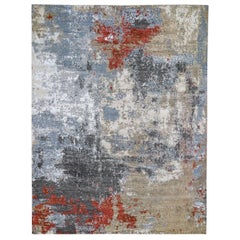 Red Abstract Design Wool and Silk Hi-Low Pile Denser Weave Hand Knotted Oriental
