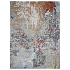 Red Abstract Design Wool and Silk Hi-Low Pile Denser Weave Hand Knotted Oriental