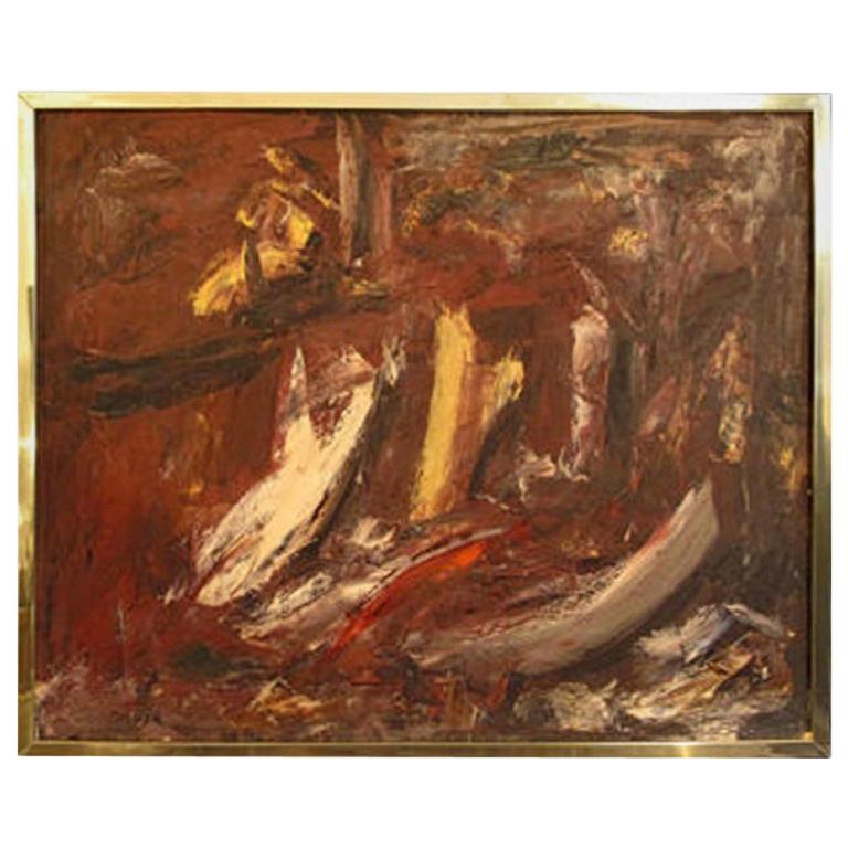 Red Abstract Painting in Brass Frame For Sale