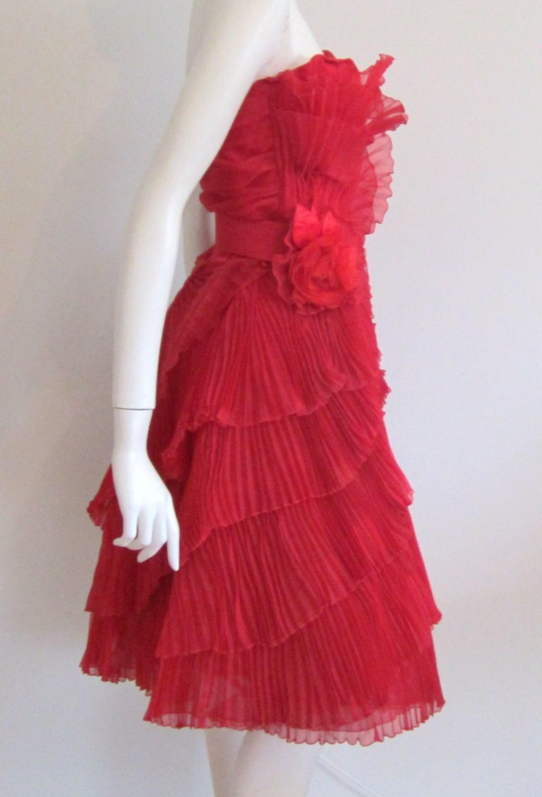 Red Accordion Pleated 1950s Strapless Dress VLV Vintage at 1stDibs