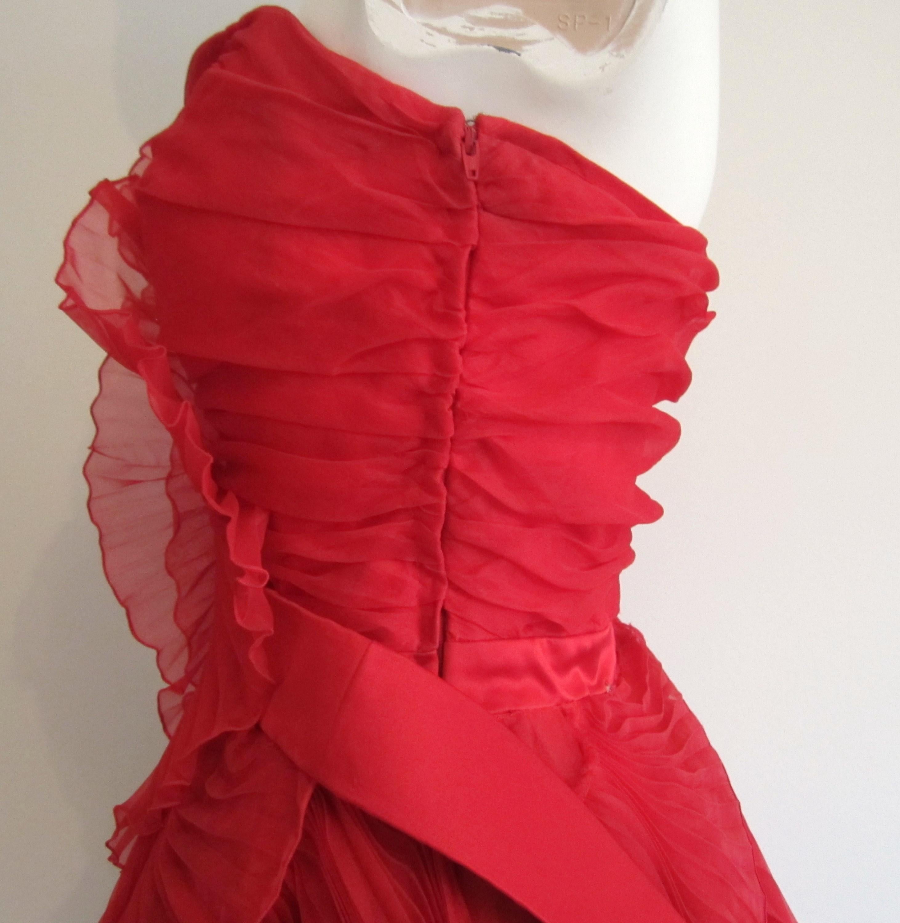 Red Accordion Pleated 1950s Strapless Dress VLV Vintage  In Good Condition In Wallkill, NY