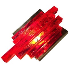 Red Acrylic & Brass Brutalist Sconce by Claus Bolby for CeBo Industri, 1970s