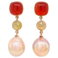 Red Agate Yellow Sapphire and Natural Pink Pearls Rose Gold Chandelier Earrings