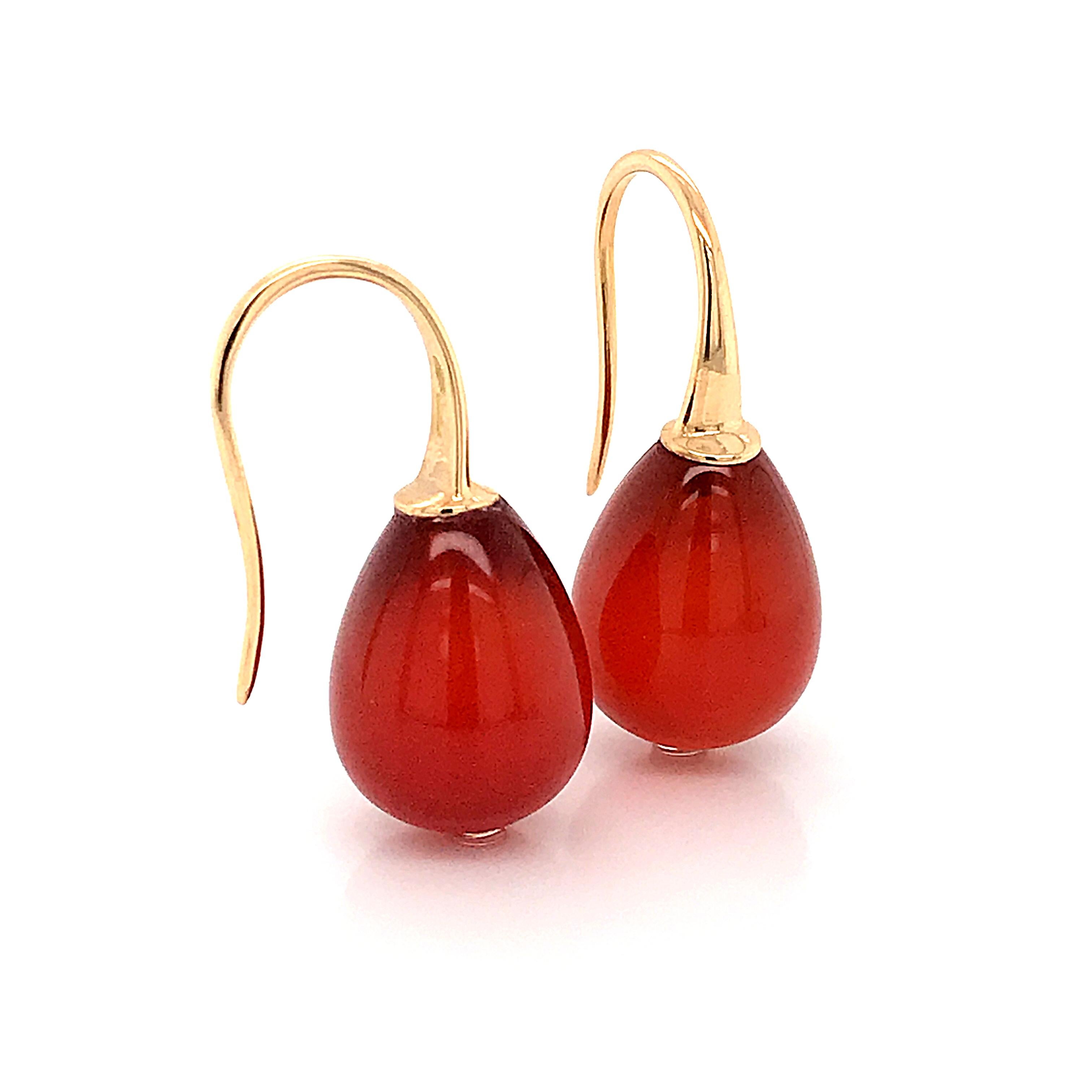 Women's or Men's Red Agathe and Yellow Gold 18 Karat Drop Earrings