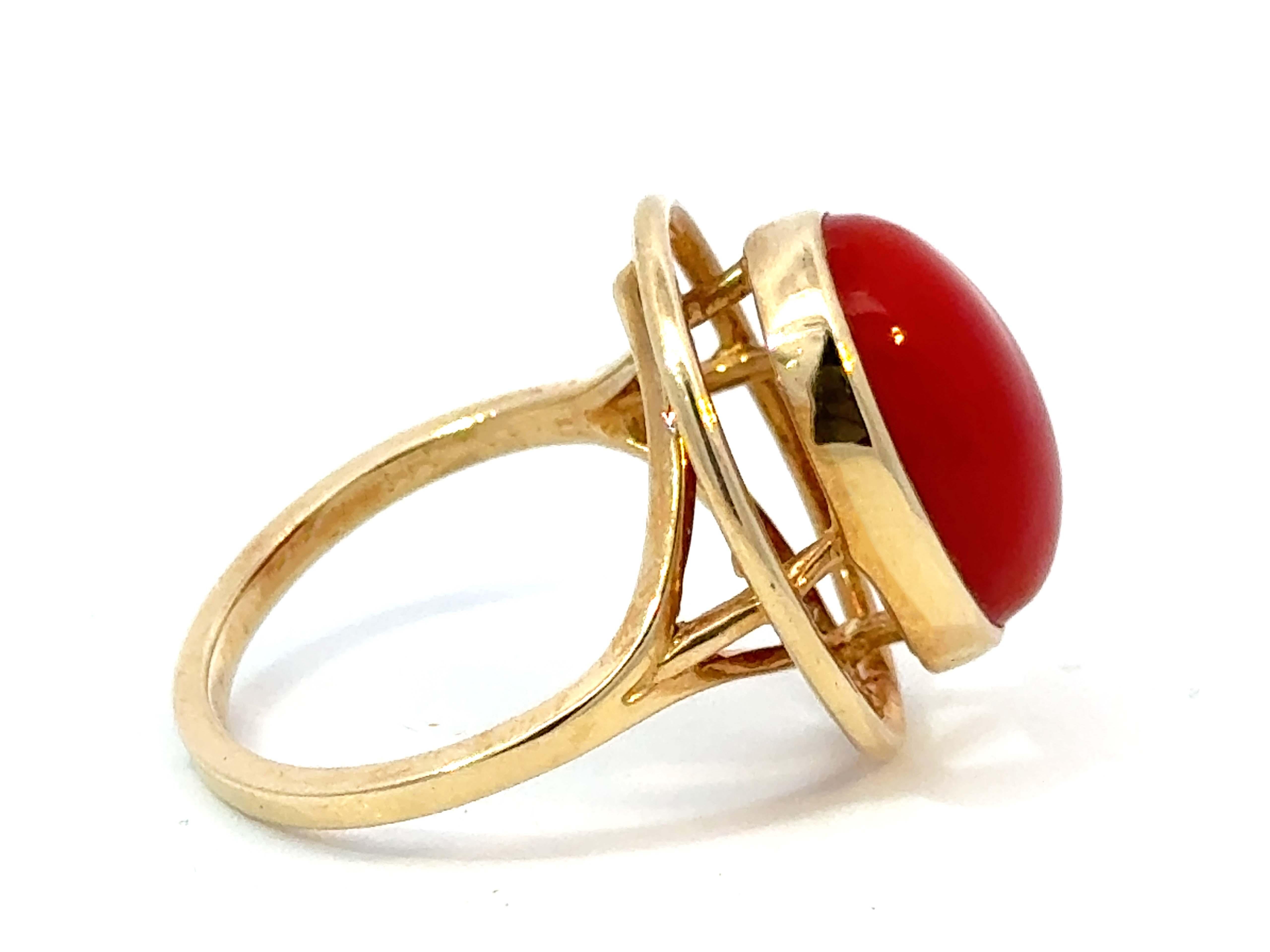 Modern Red Aka Coral Cabochon Ring 14k Yellow Gold For Sale