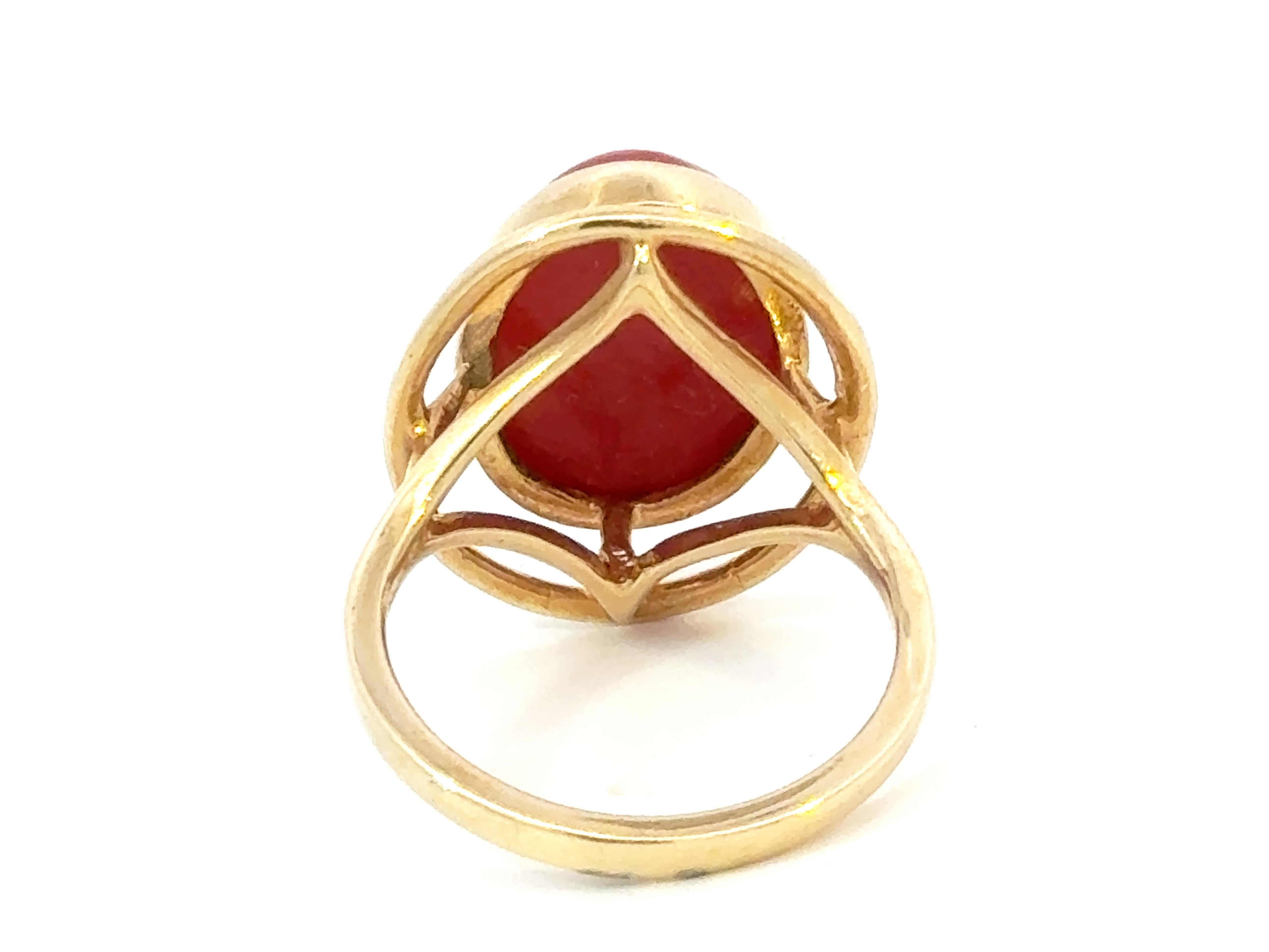 Red Aka Coral Cabochon Ring 14k Yellow Gold For Sale 2