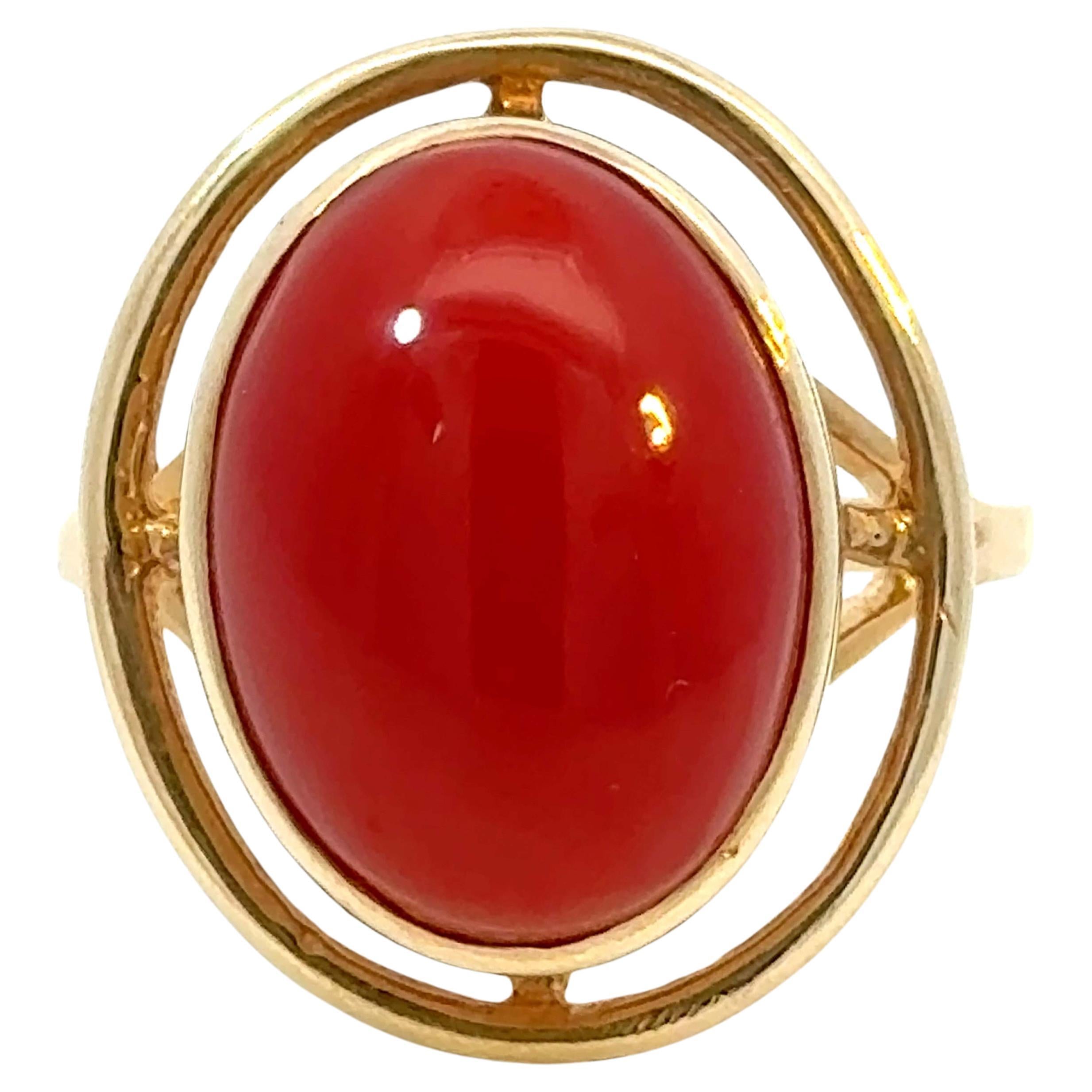 Red Aka Coral Cabochon Ring 14k Yellow Gold For Sale
