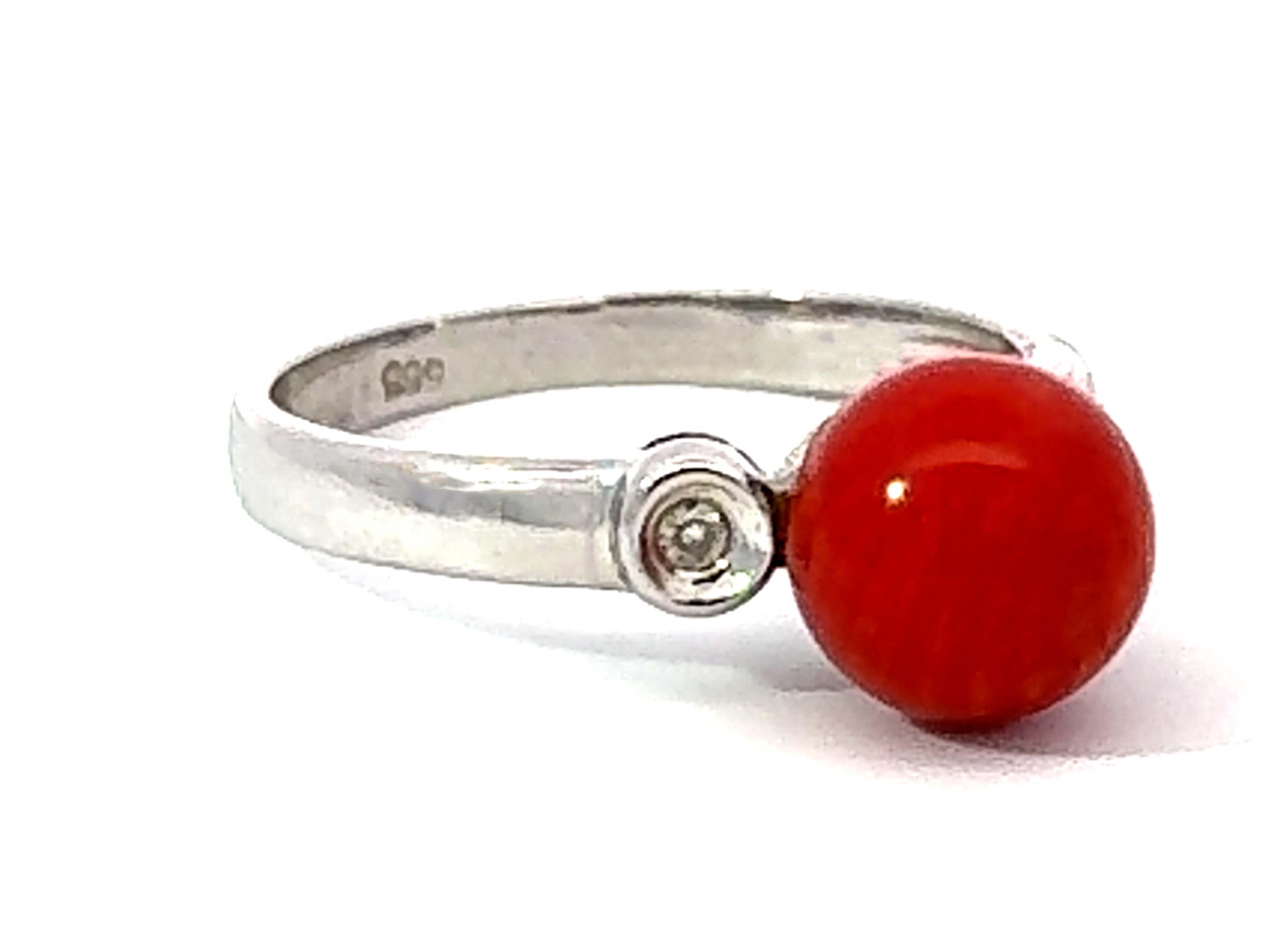 Modern Red Aka Coral Sphere and Diamond Ring 14k White Gold For Sale