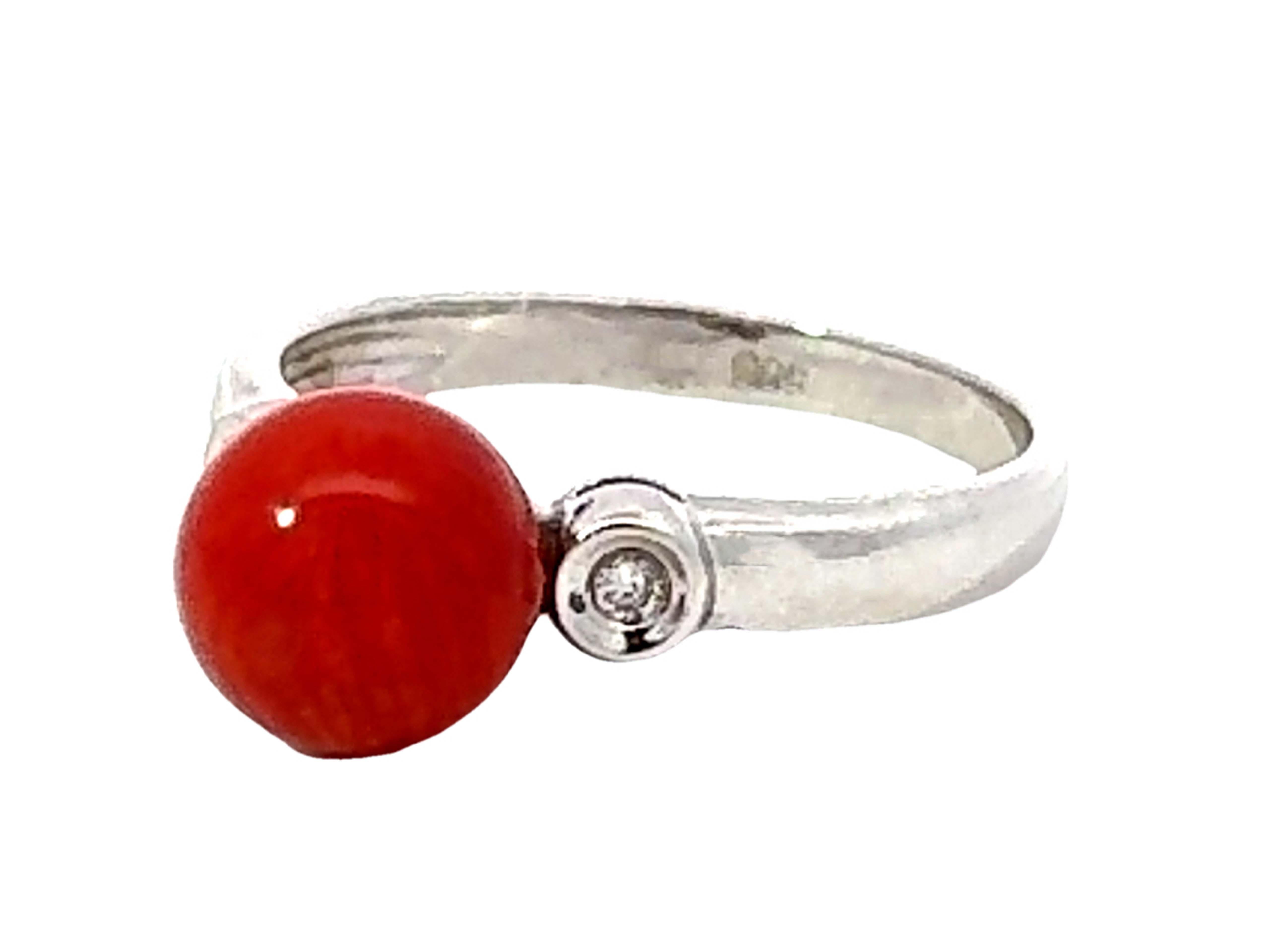 Round Cut Red Aka Coral Sphere and Diamond Ring 14k White Gold For Sale