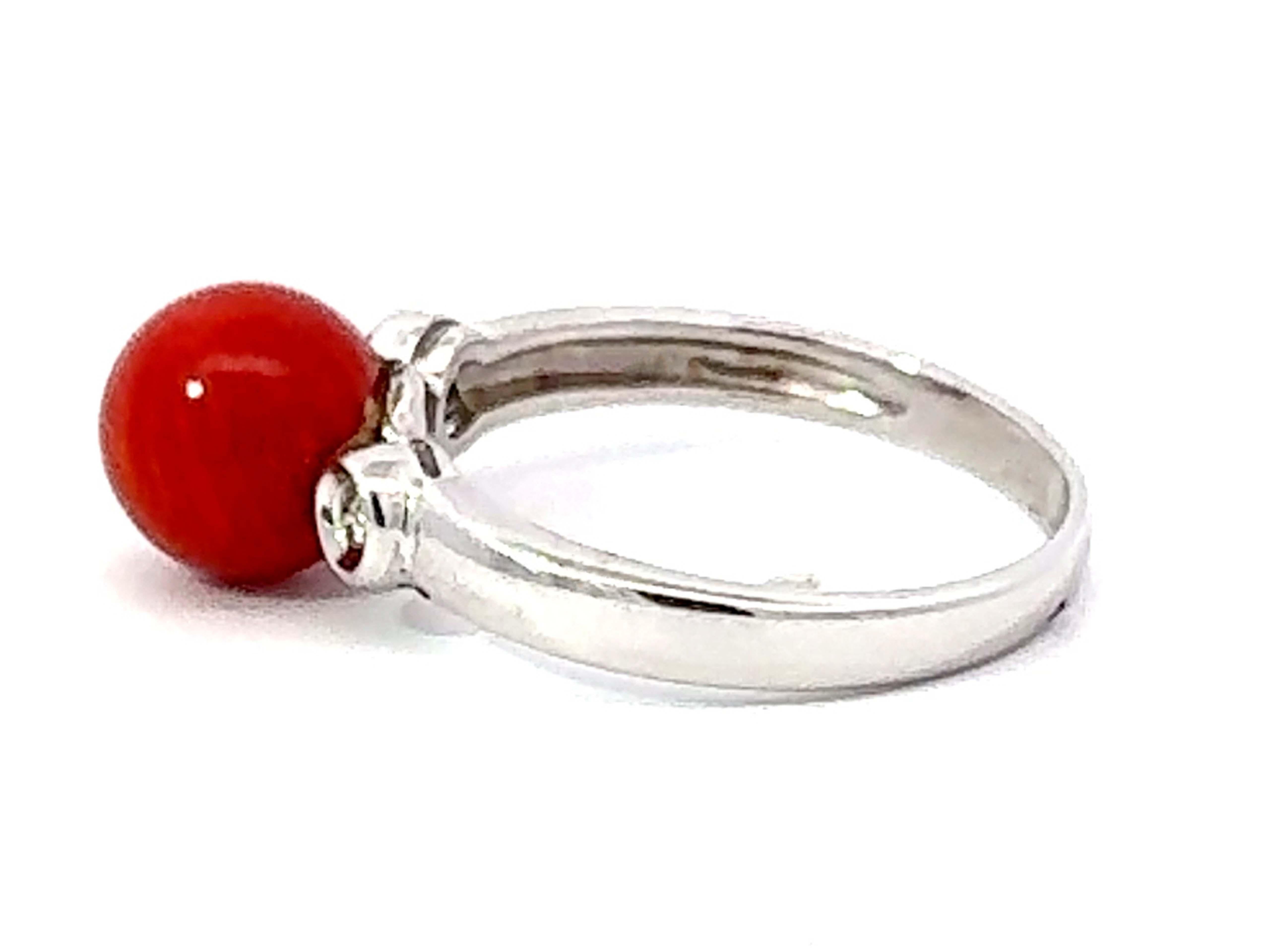 Women's Red Aka Coral Sphere and Diamond Ring 14k White Gold For Sale