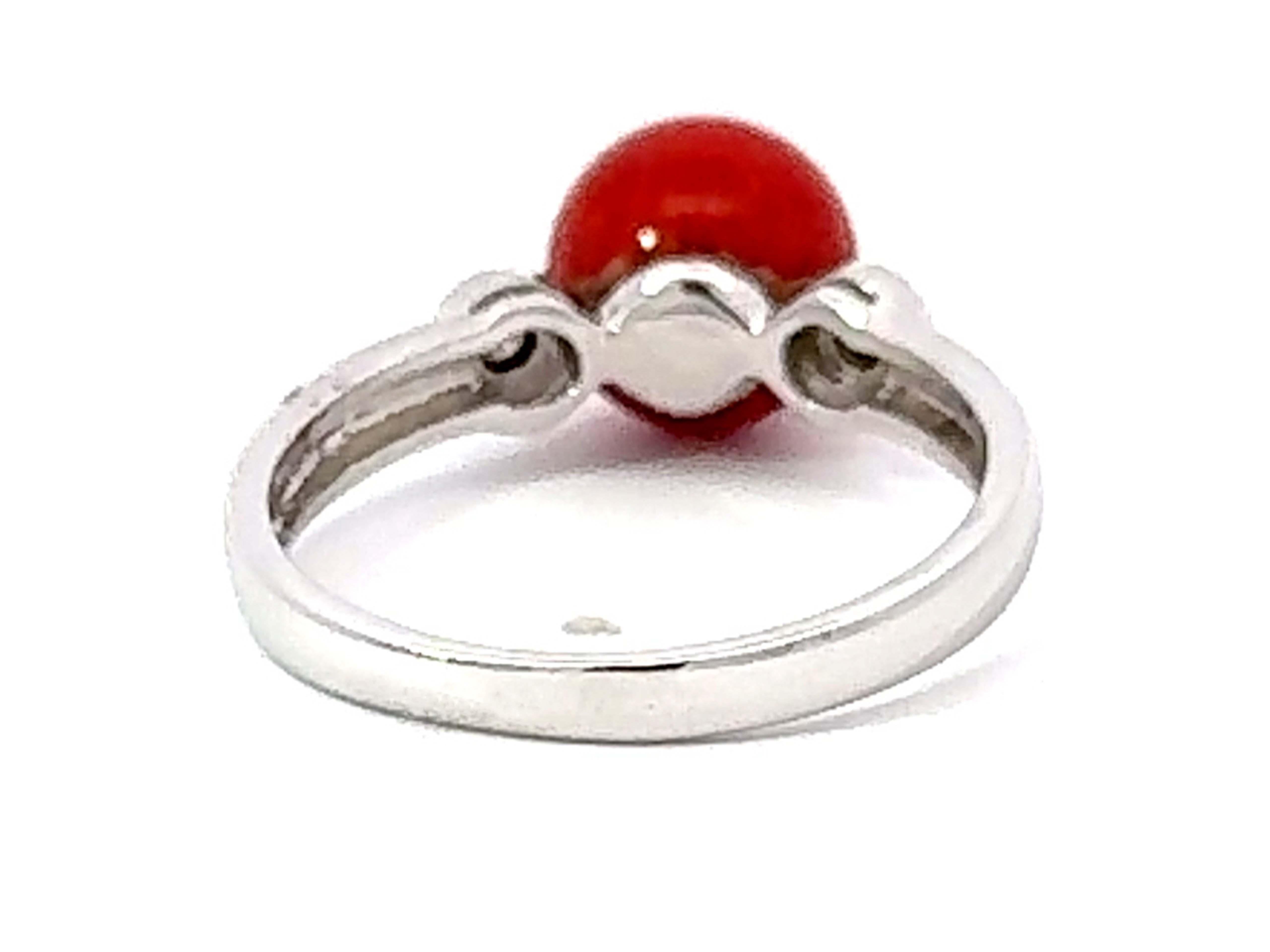 Red Aka Coral Sphere and Diamond Ring 14k White Gold For Sale 1