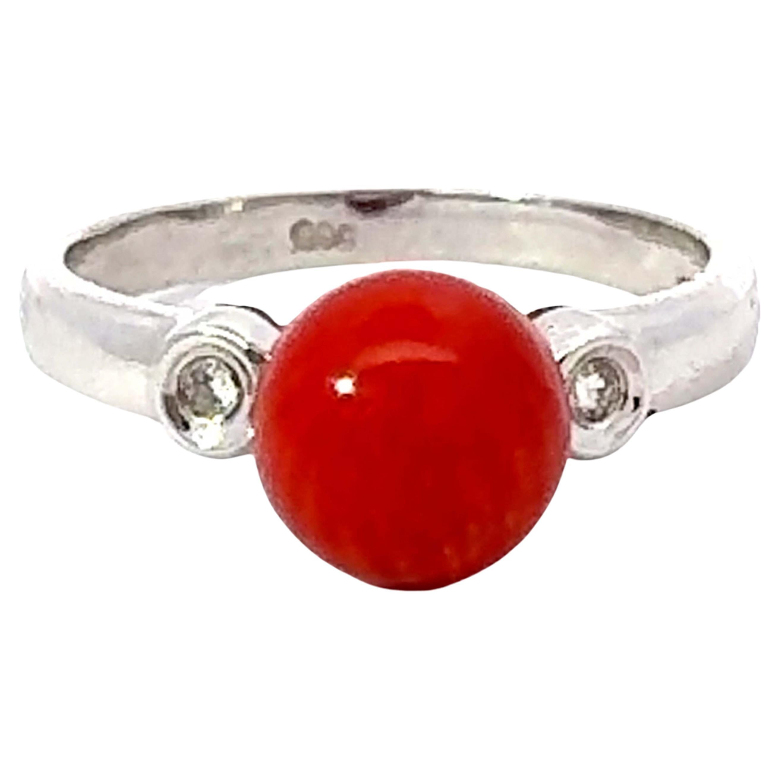 Red Aka Coral Sphere and Diamond Ring 14k White Gold