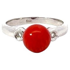 Vintage Red Aka Coral Sphere and Diamond Ring 14k White Gold