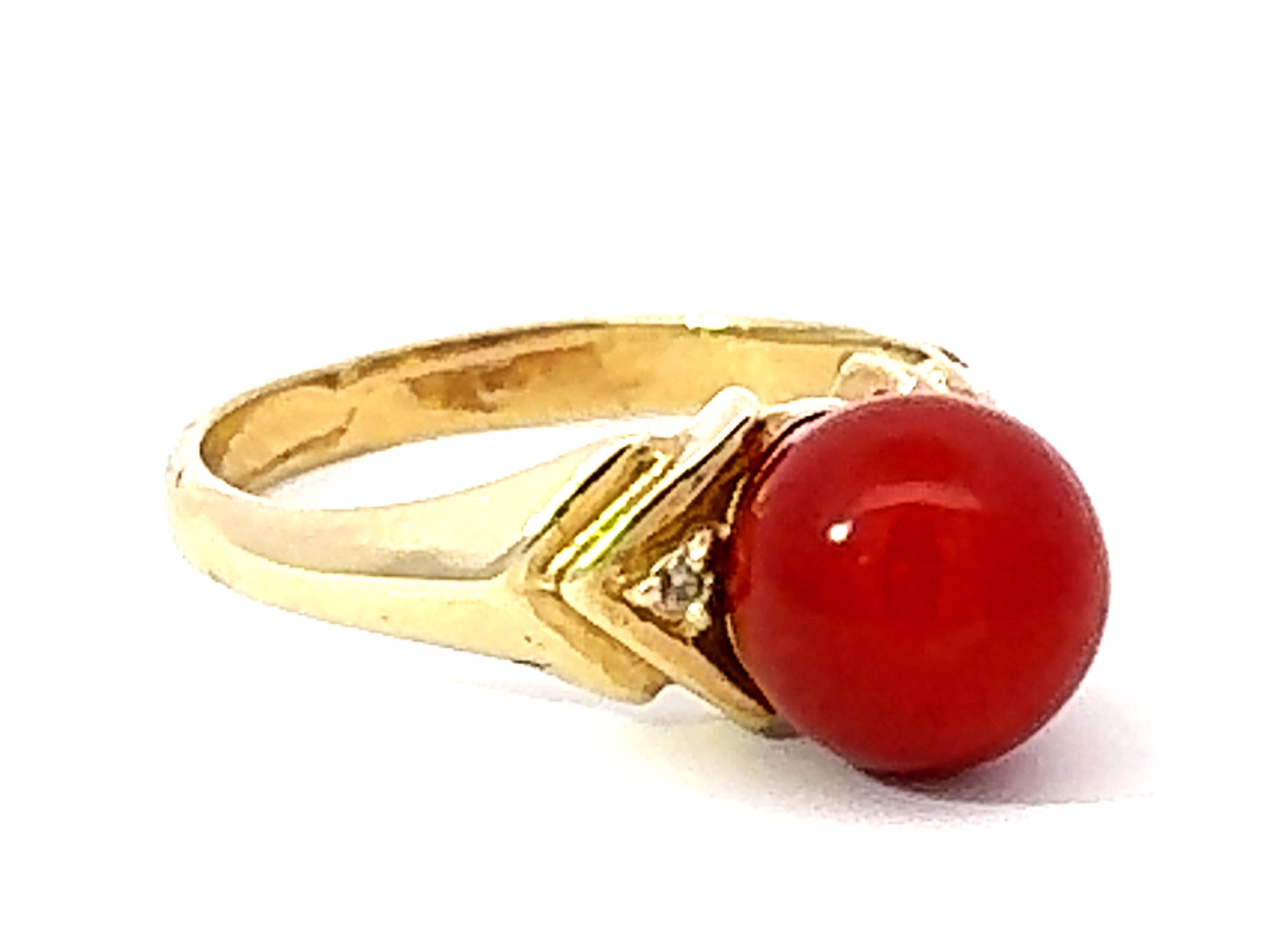 Modern Red Aka Coral Sphere and Diamond Ring 14k Yellow Gold For Sale