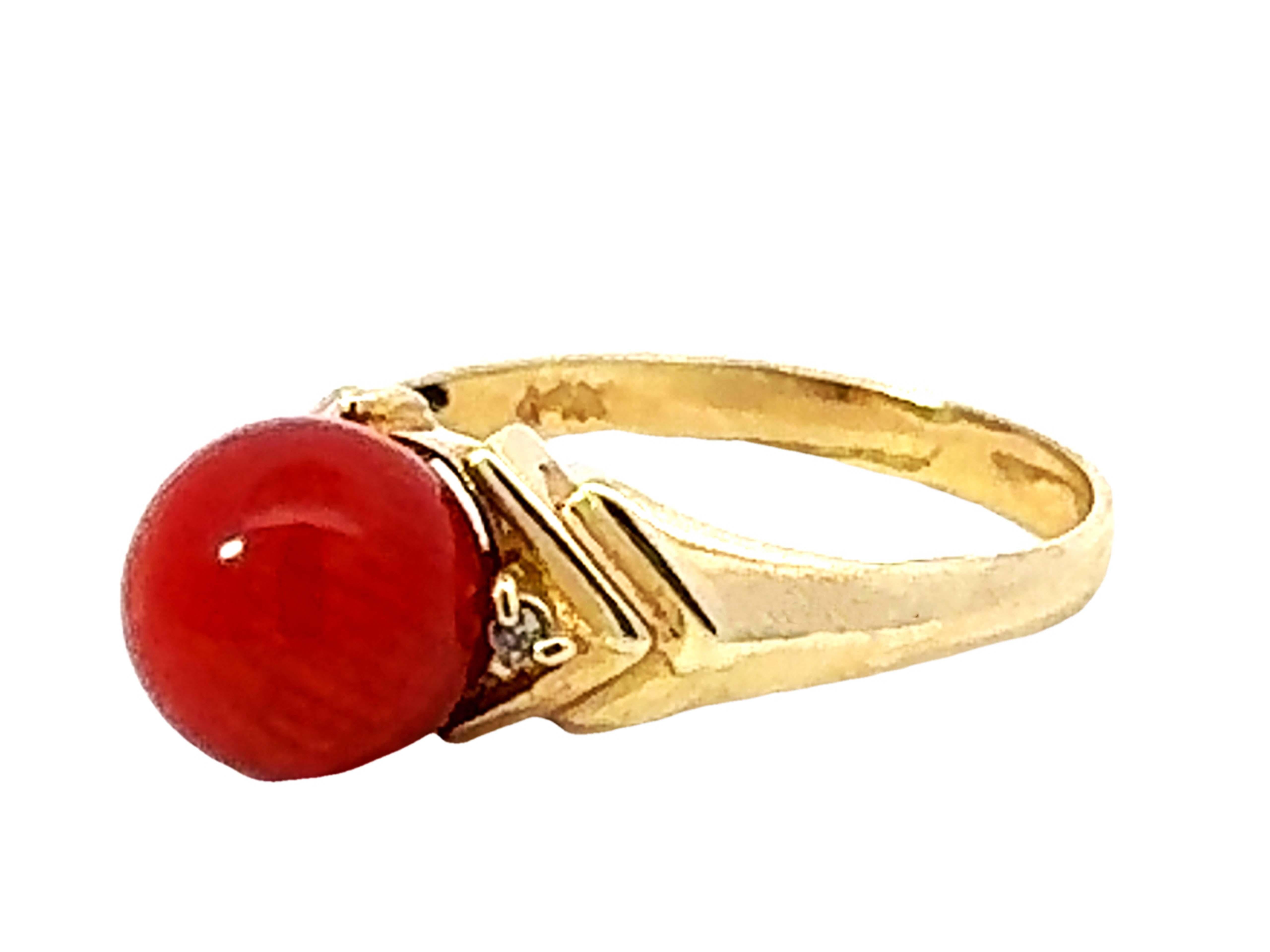 Round Cut Red Aka Coral Sphere and Diamond Ring 14k Yellow Gold For Sale