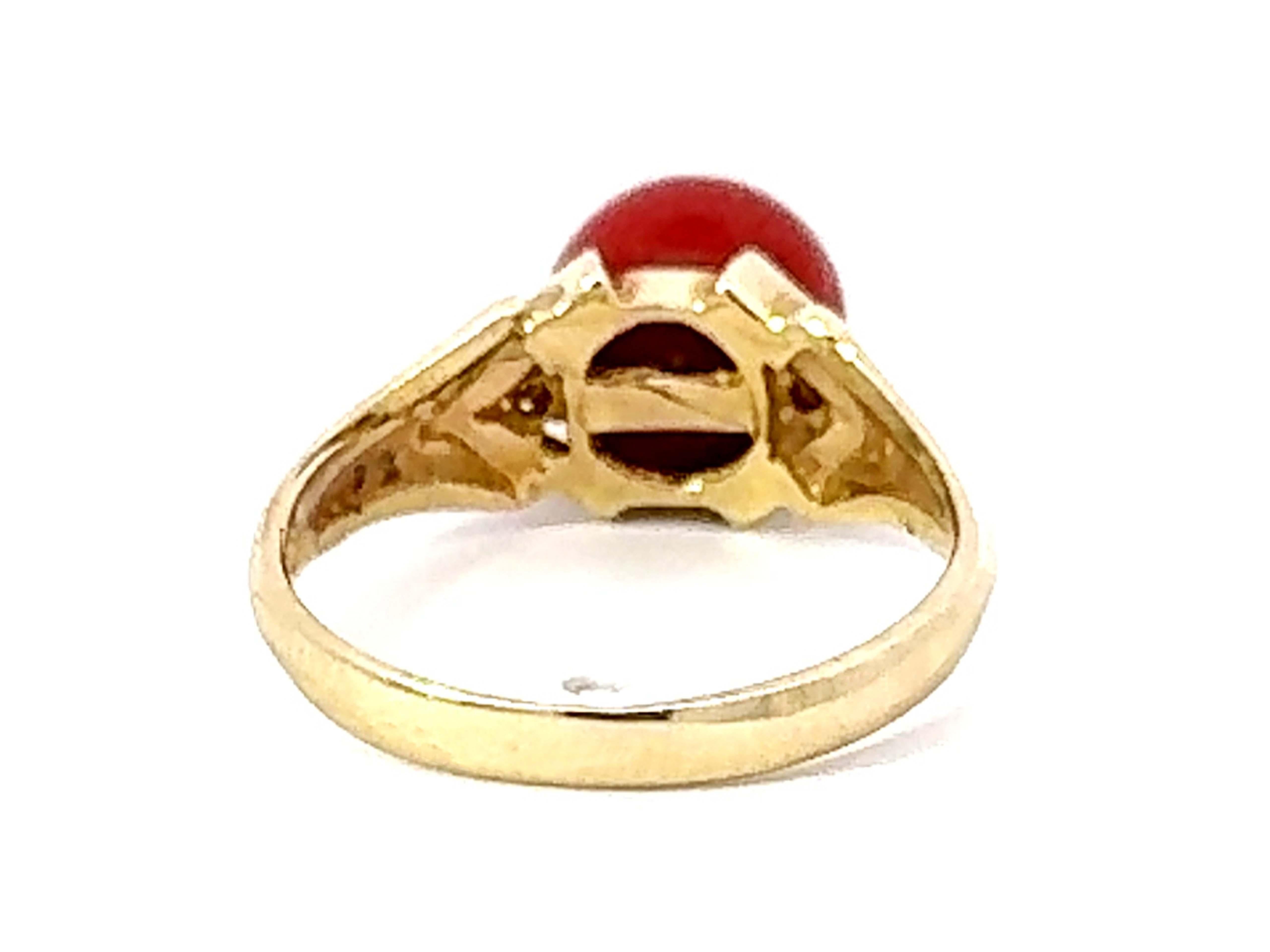 Red Aka Coral Sphere and Diamond Ring 14k Yellow Gold For Sale 1