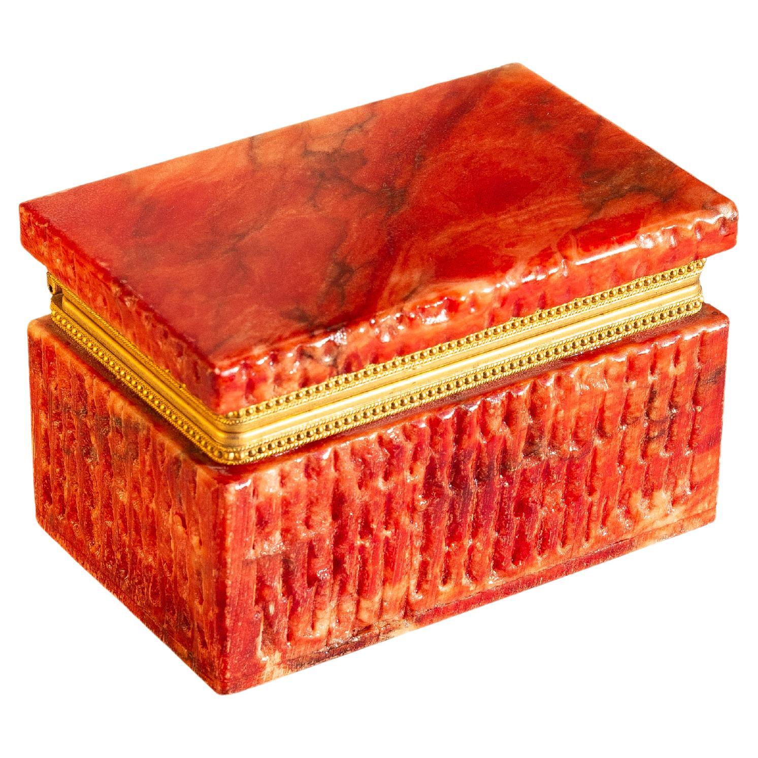 Red Alabaster and Brass Jewelry Box - Mineral Stone Box - Italy 1970s For Sale