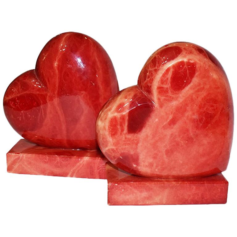 Red Alabaster Stone Heart Bookends Made in Italy circa 1950s a Pair