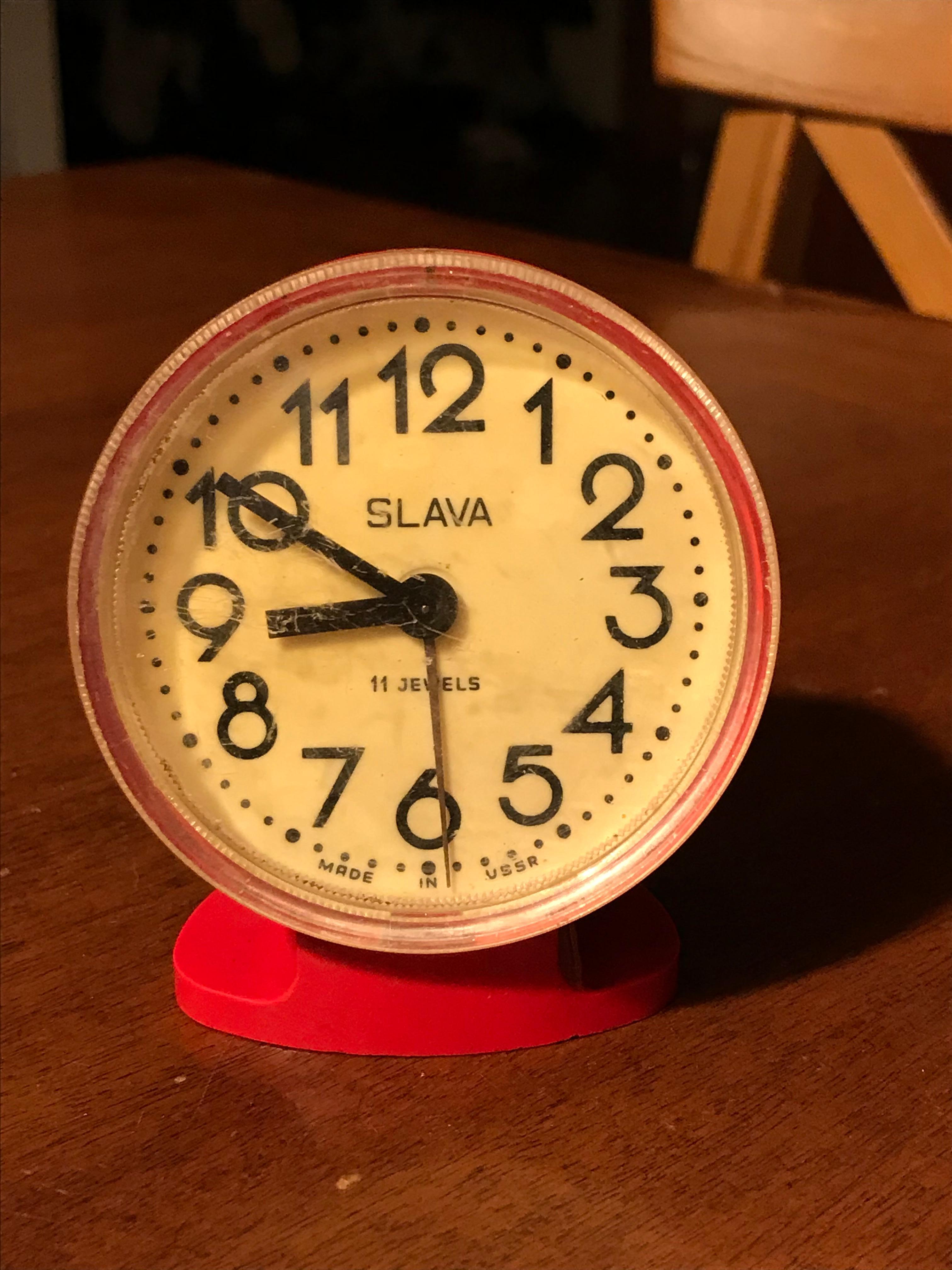 Red alarm clock, red soviet slava deck clock.