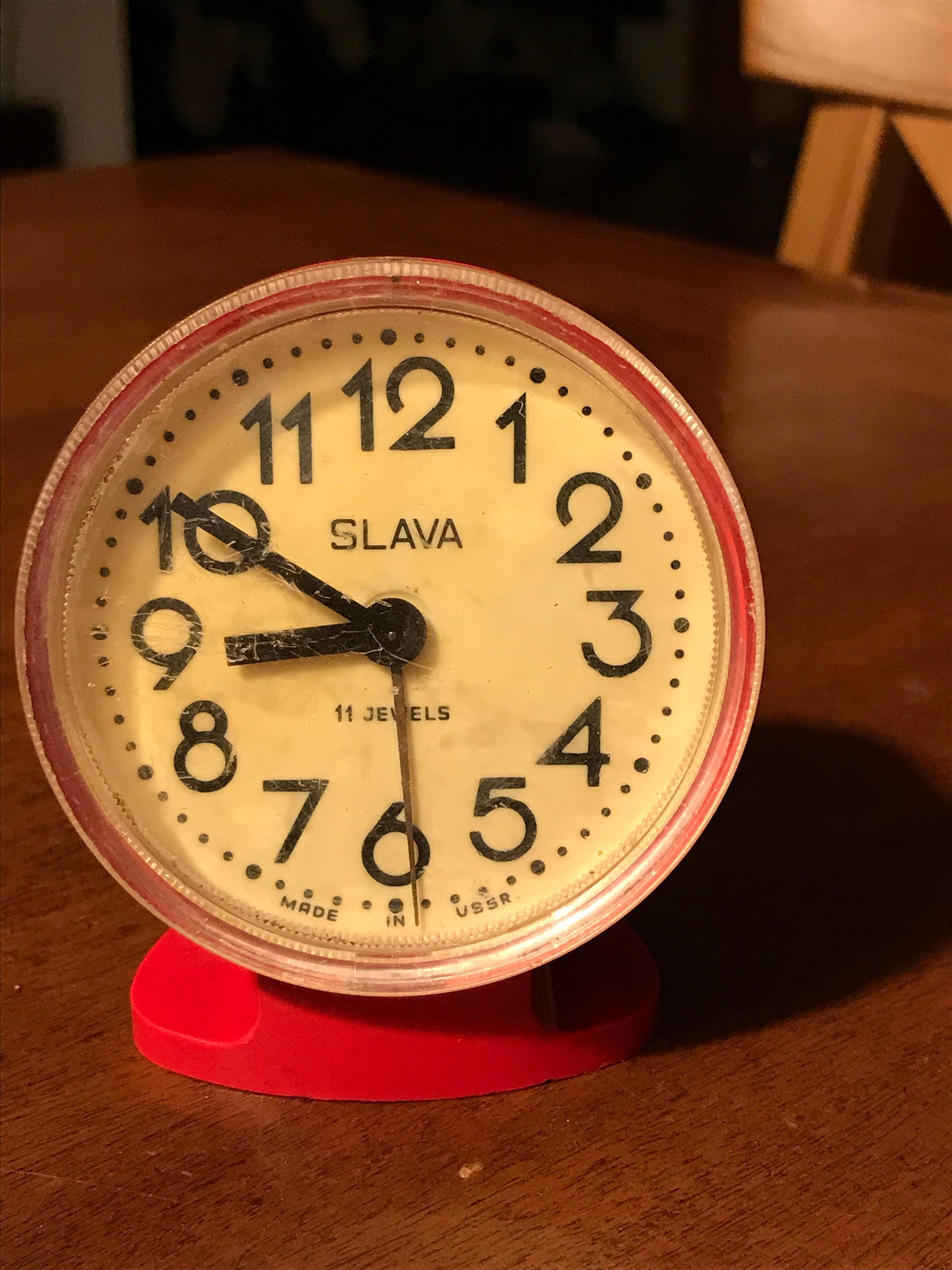Painted Red Alarm Clock, Red Soviet Slava Deck Clock For Sale