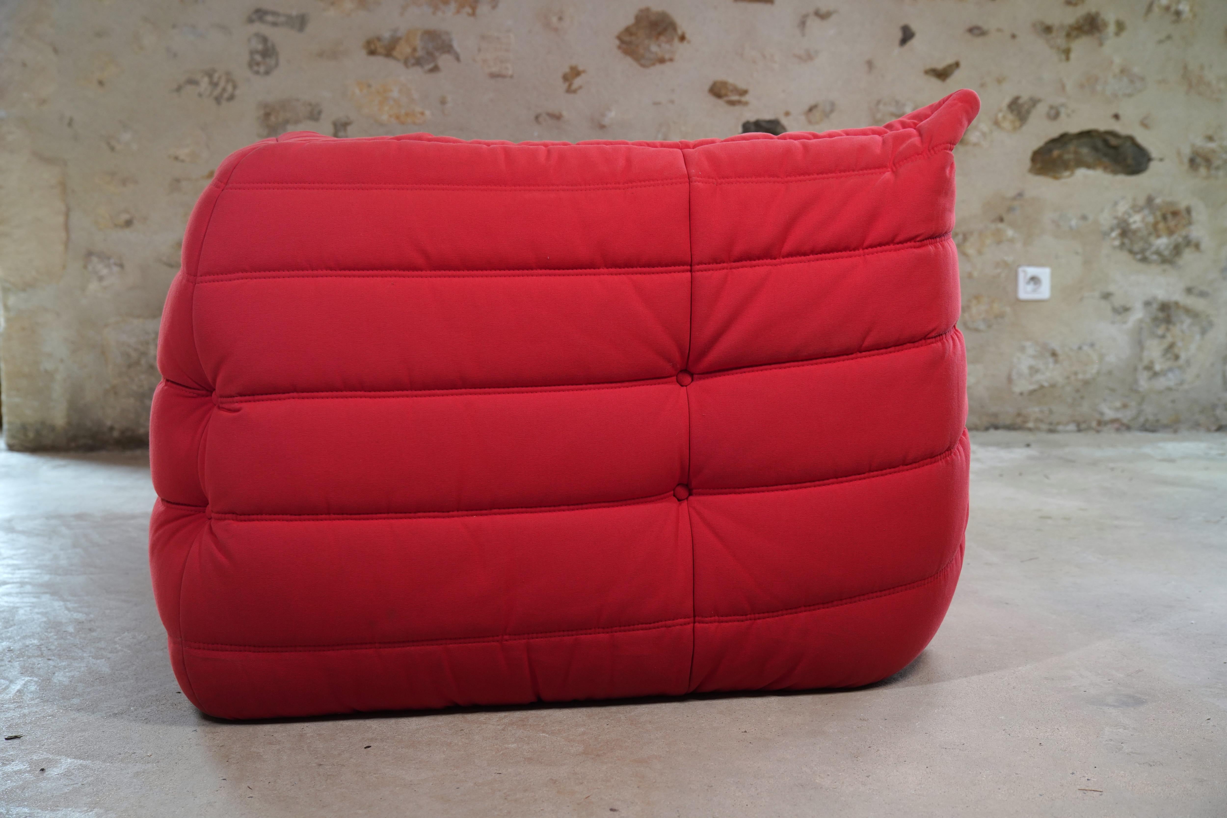 Mid-Century Modern Red Alcantara Three-Seater Togo Sofa with Arms by Ligne Roset, 2006 For Sale