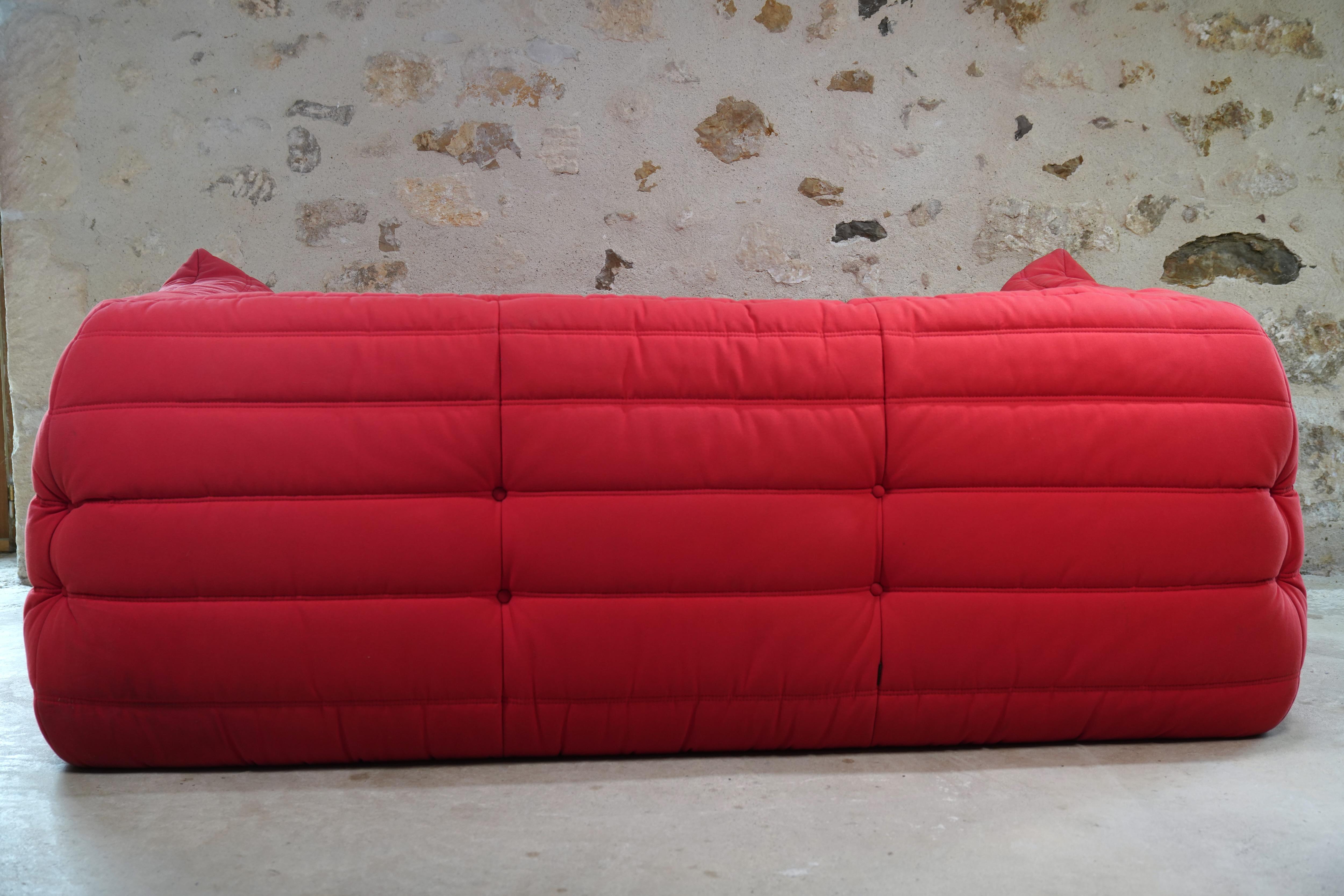 French Red Alcantara Three-Seater Togo Sofa with Arms by Ligne Roset, 2006 For Sale