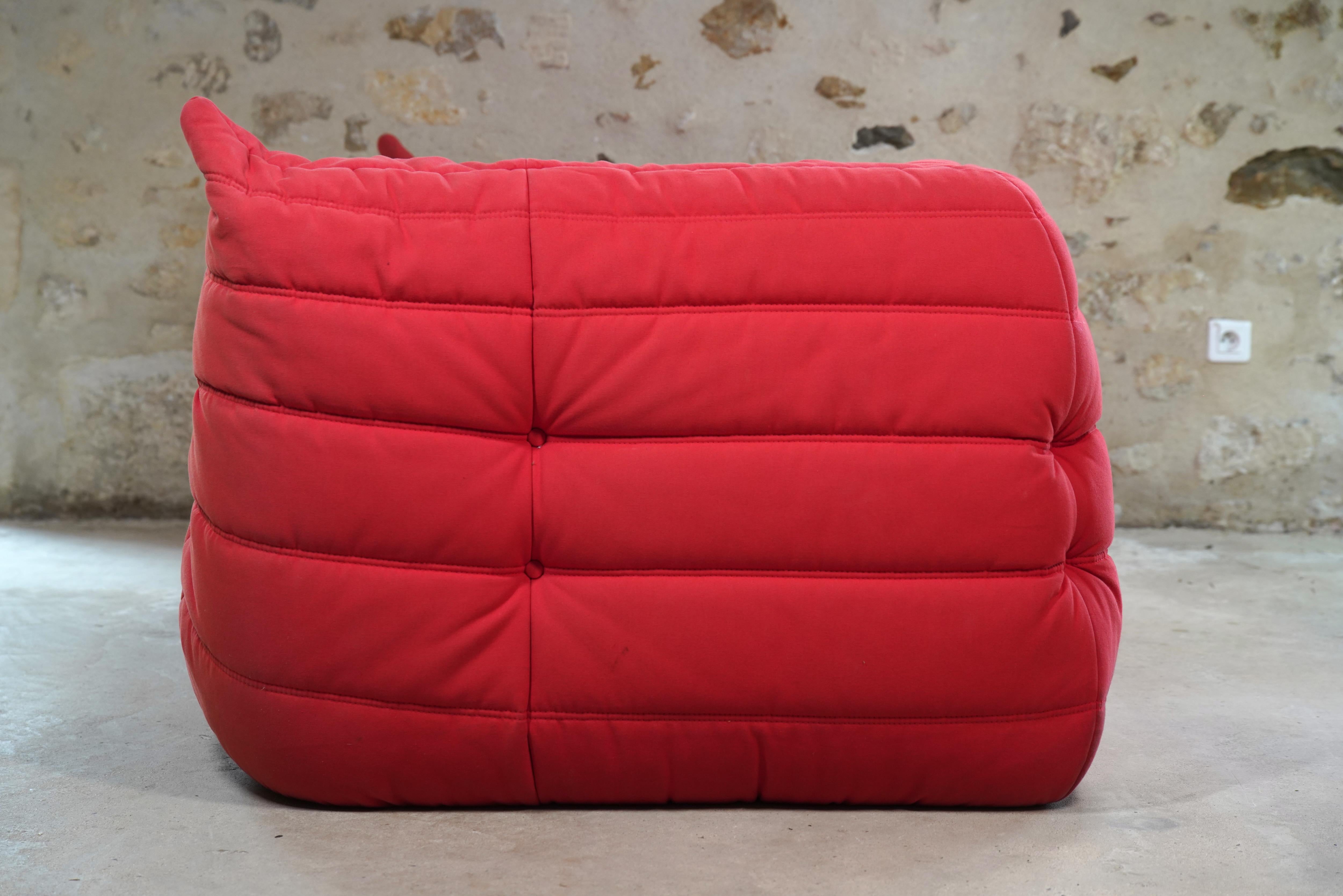 Red Alcantara Three-Seater Togo Sofa with Arms by Ligne Roset, 2006 In Good Condition For Sale In Malibu, US
