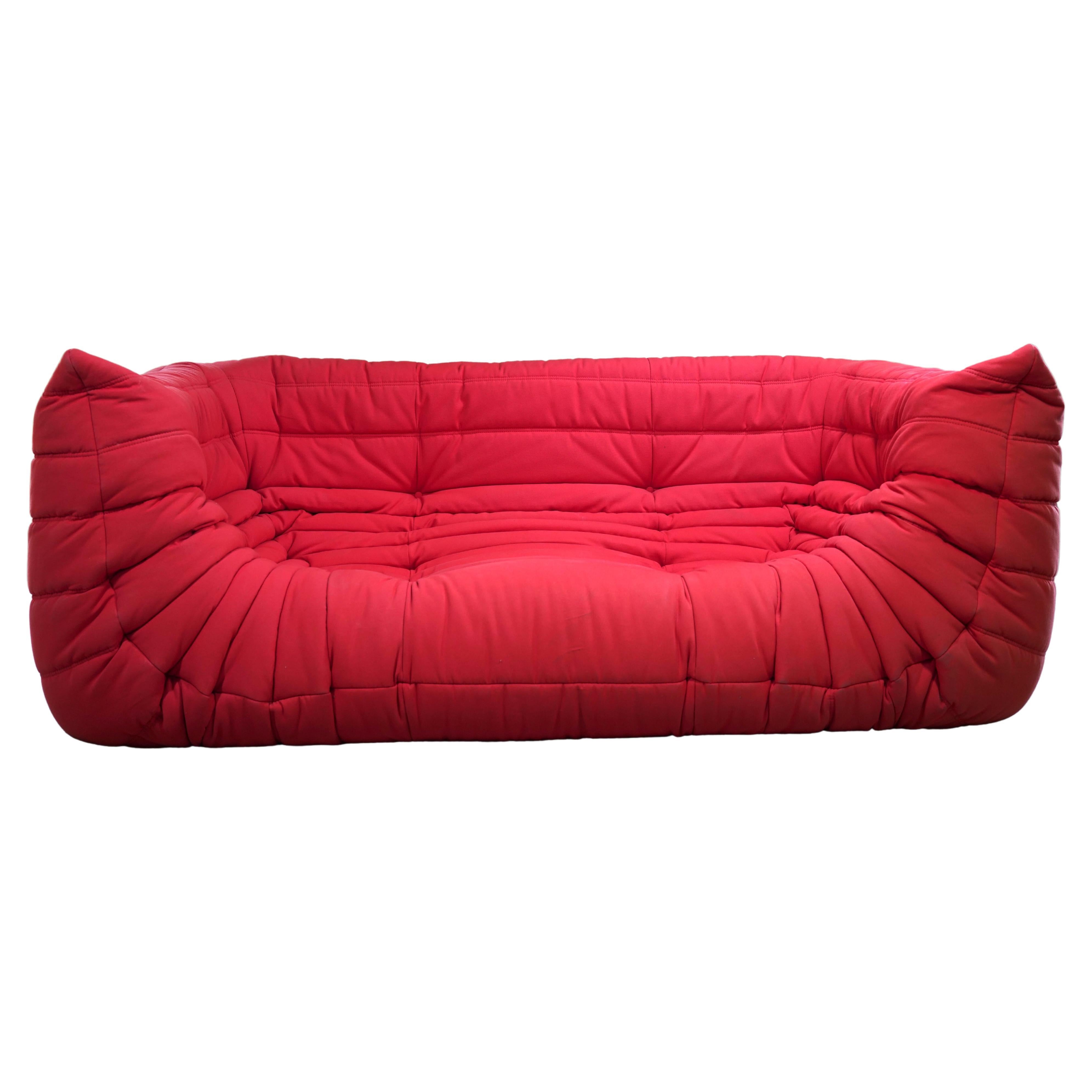Red Alcantara Three-Seater Togo Sofa with Arms by Ligne Roset, 2006 For Sale
