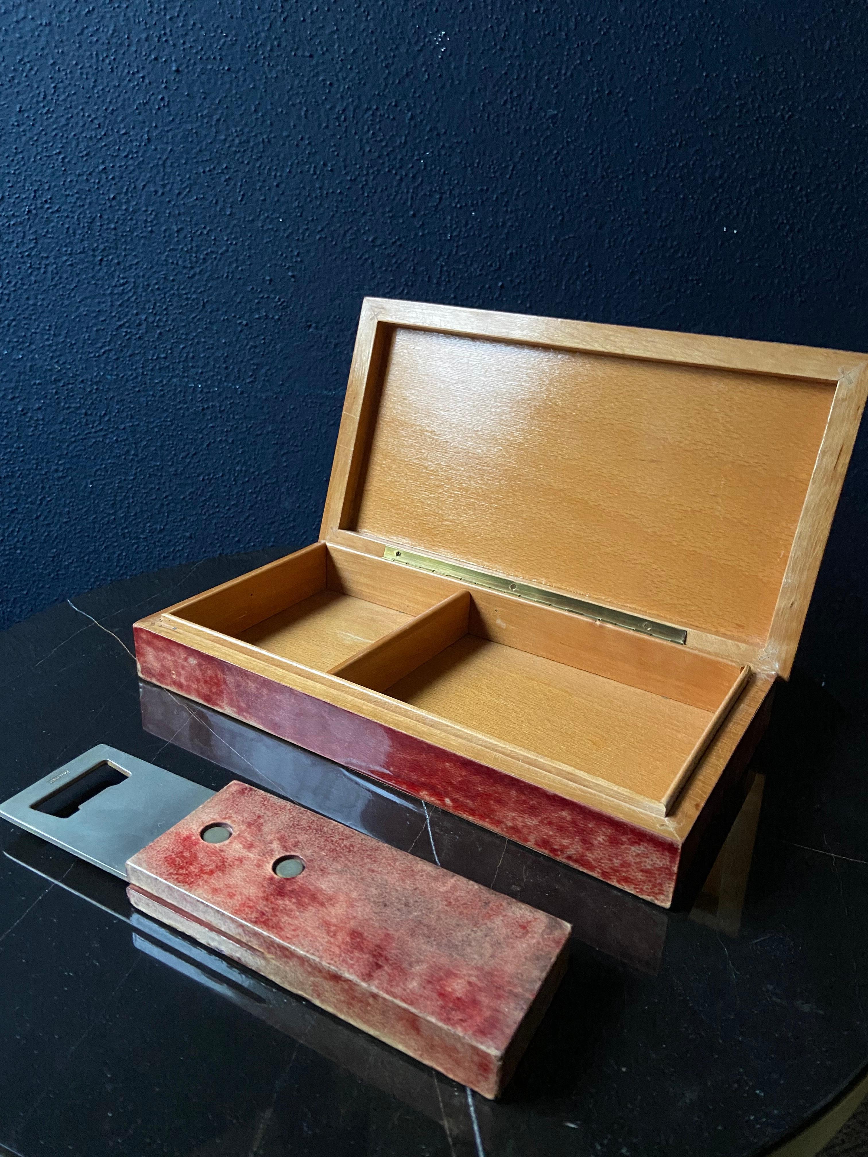 Hollywood Regency Red Aldo Tura Bar Accessory Set: Ice Cooler, Bottle Opener and Cigar Box For Sale