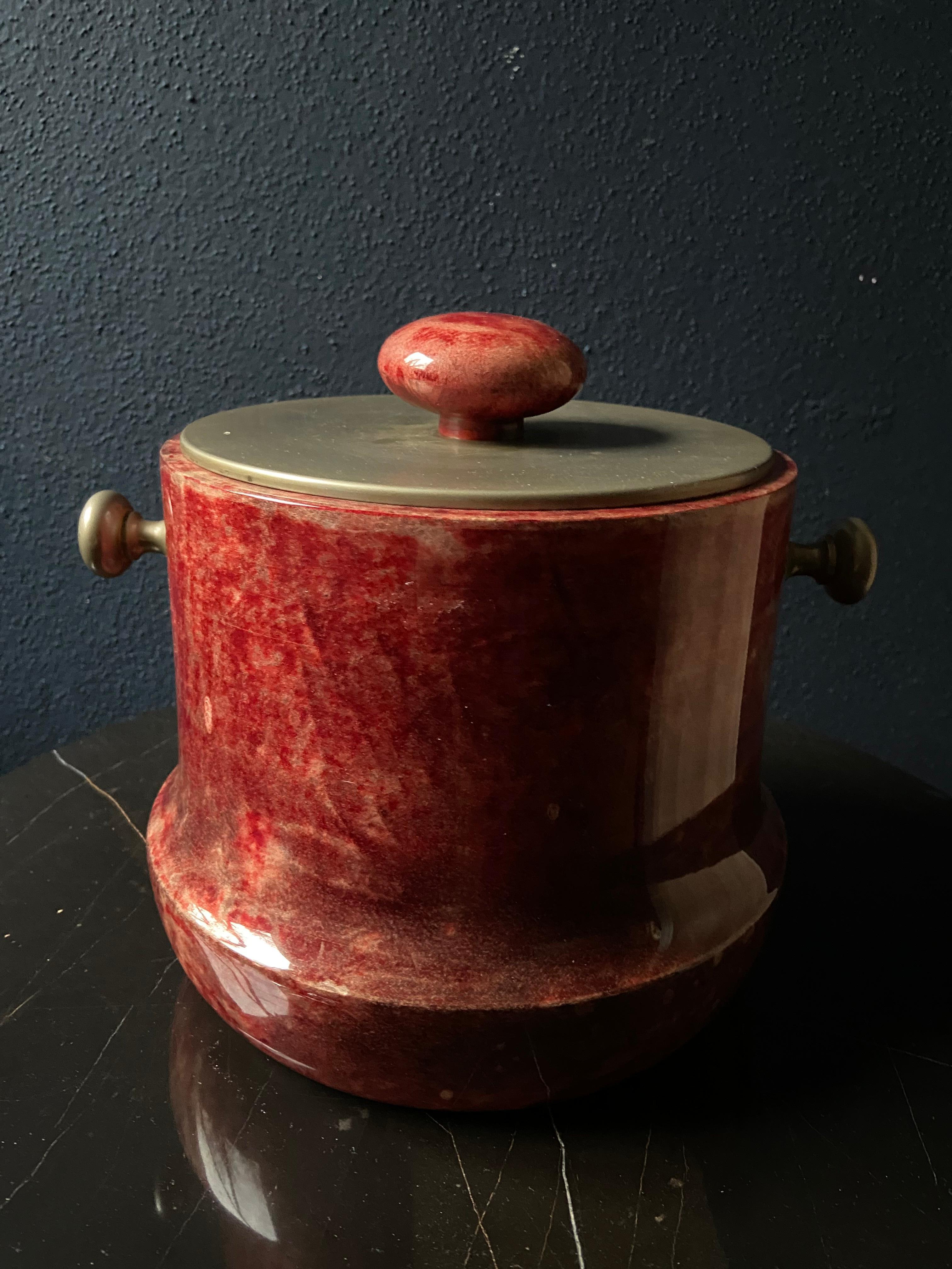 Mid-20th Century Red Aldo Tura Bar Accessory Set: Ice Cooler, Bottle Opener and Cigar Box For Sale