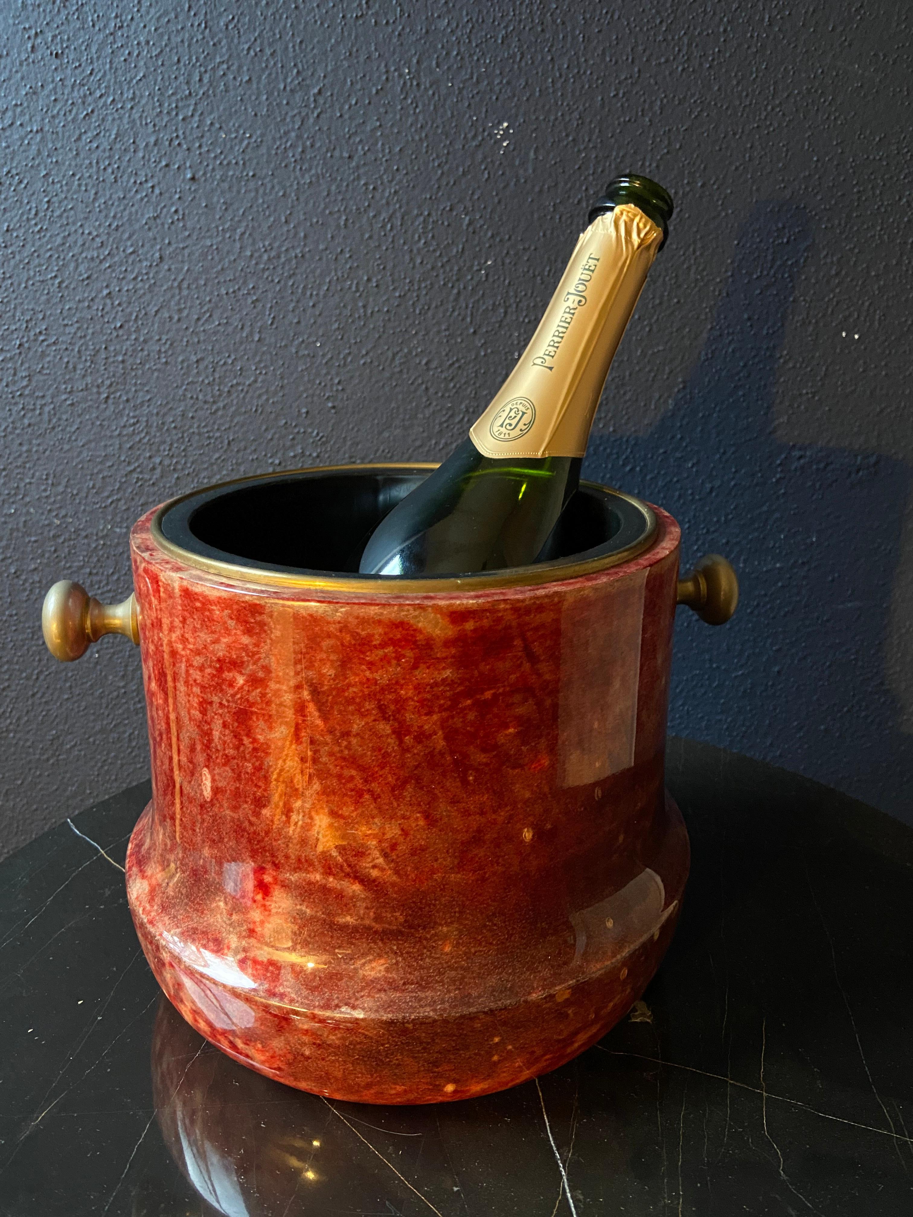 Goatskin Red Aldo Tura Bar Accessory Set: Ice Cooler, Bottle Opener and Cigar Box For Sale