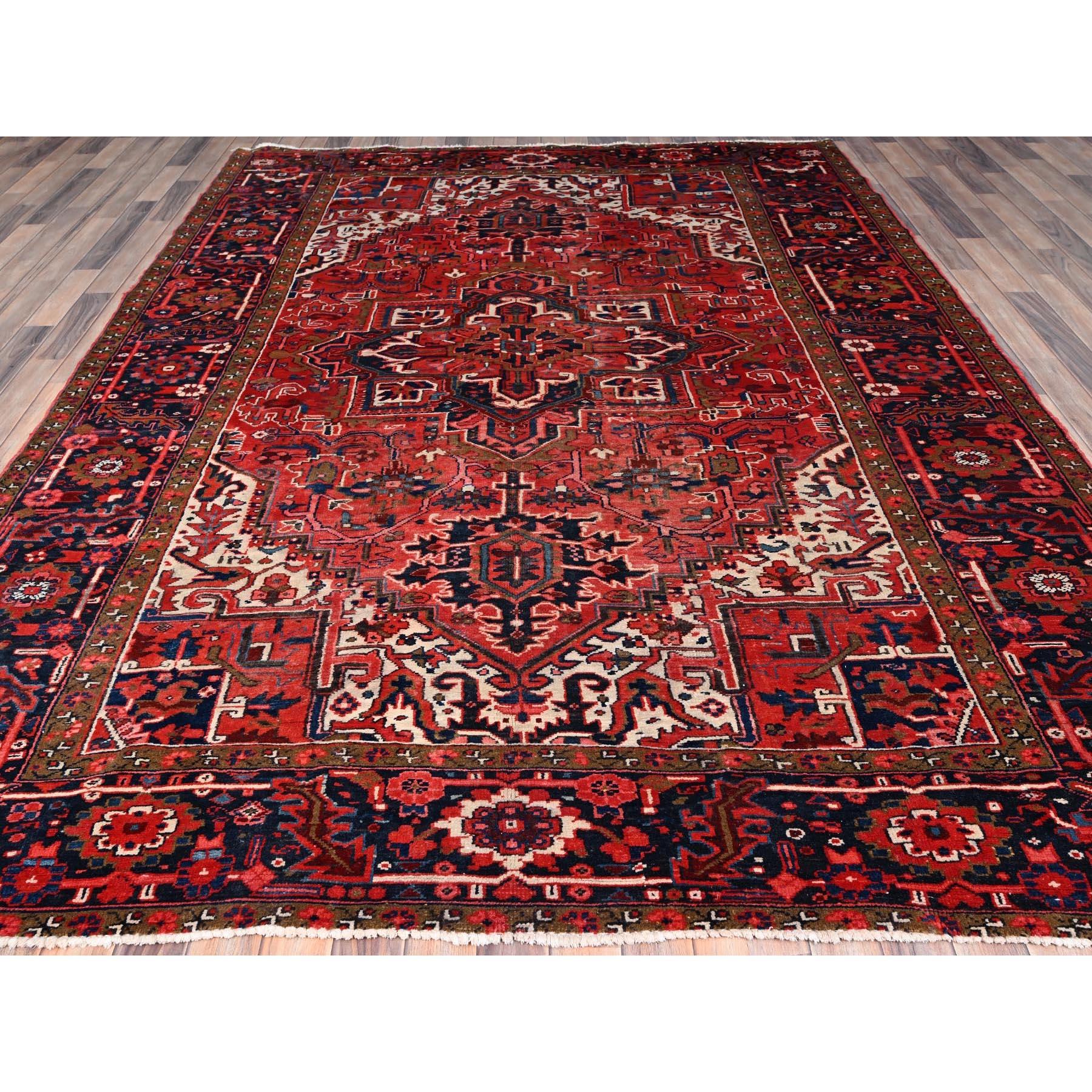 Medieval Red All Wool Hand Knotted Vintage Persian Heriz Sides and Ends Secured Clean Rug For Sale