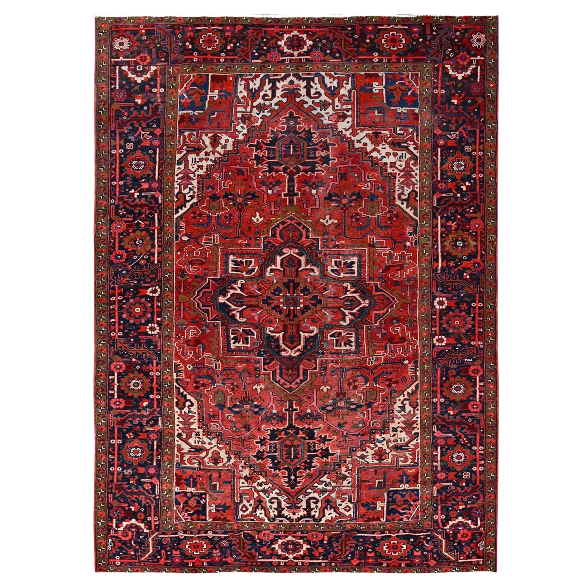 Red All Wool Hand Knotted Vintage Persian Heriz Sides and Ends Secured Clean Rug For Sale