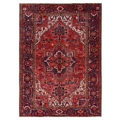 Red All Wool Hand Knotted Vintage Persian Heriz Sides and Ends Secured Clean Rug