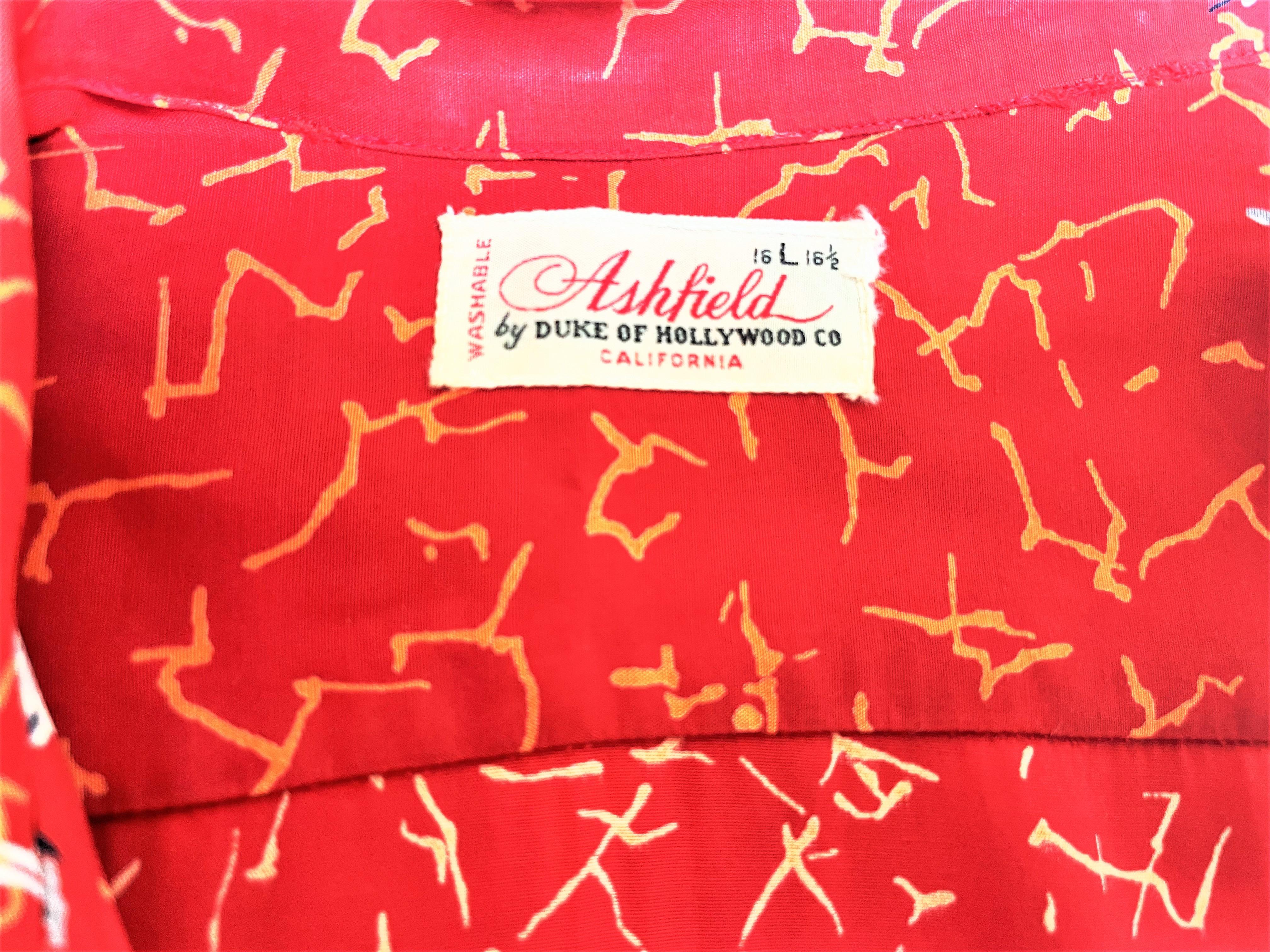 Red ALOHA vintage Shirt 'Asfield by Duke of Hollywood Co California' size 16L  For Sale 2