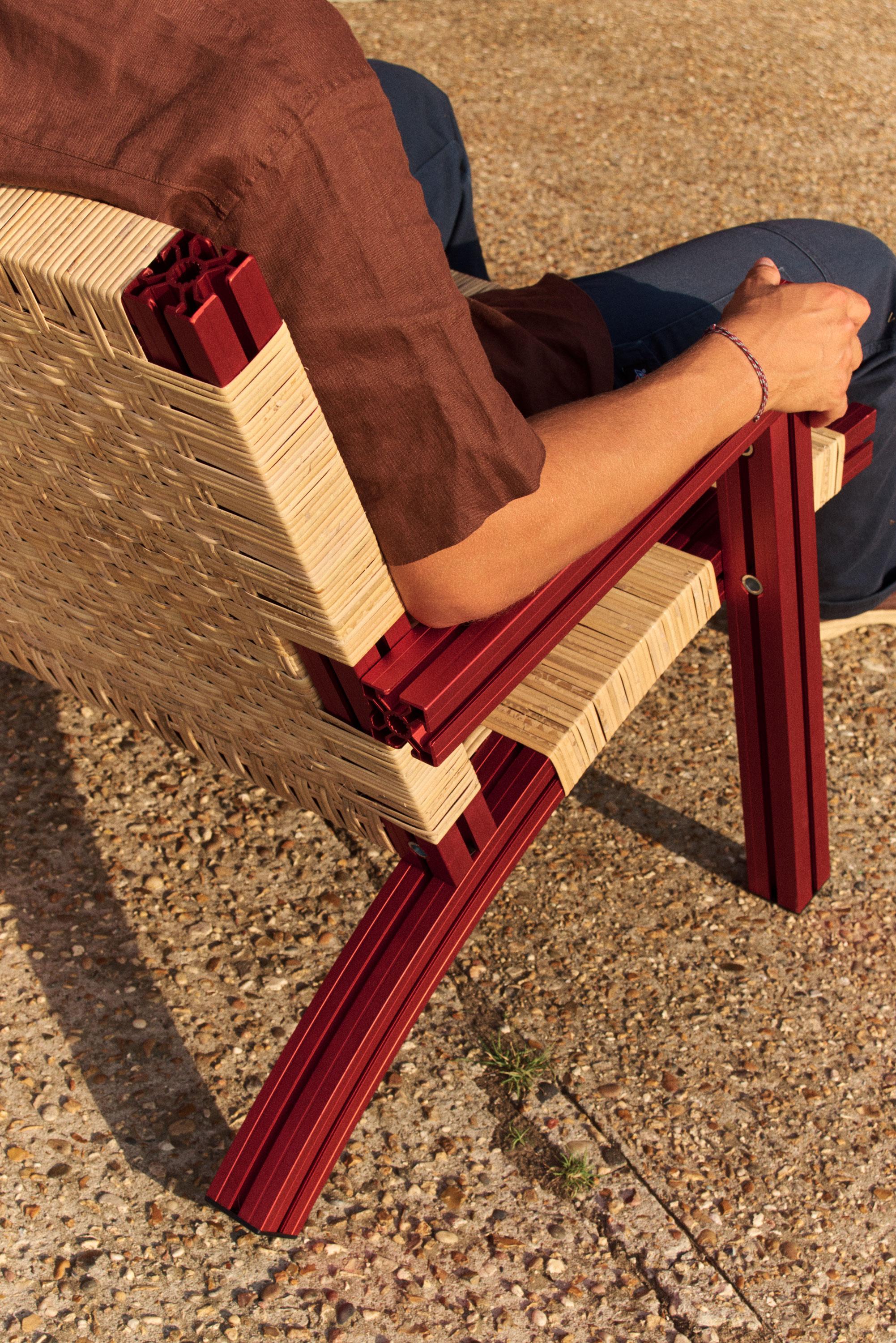 Red Aluminium Armchair with Lapping Cane Seating from Anodised Wicker Collection For Sale 4