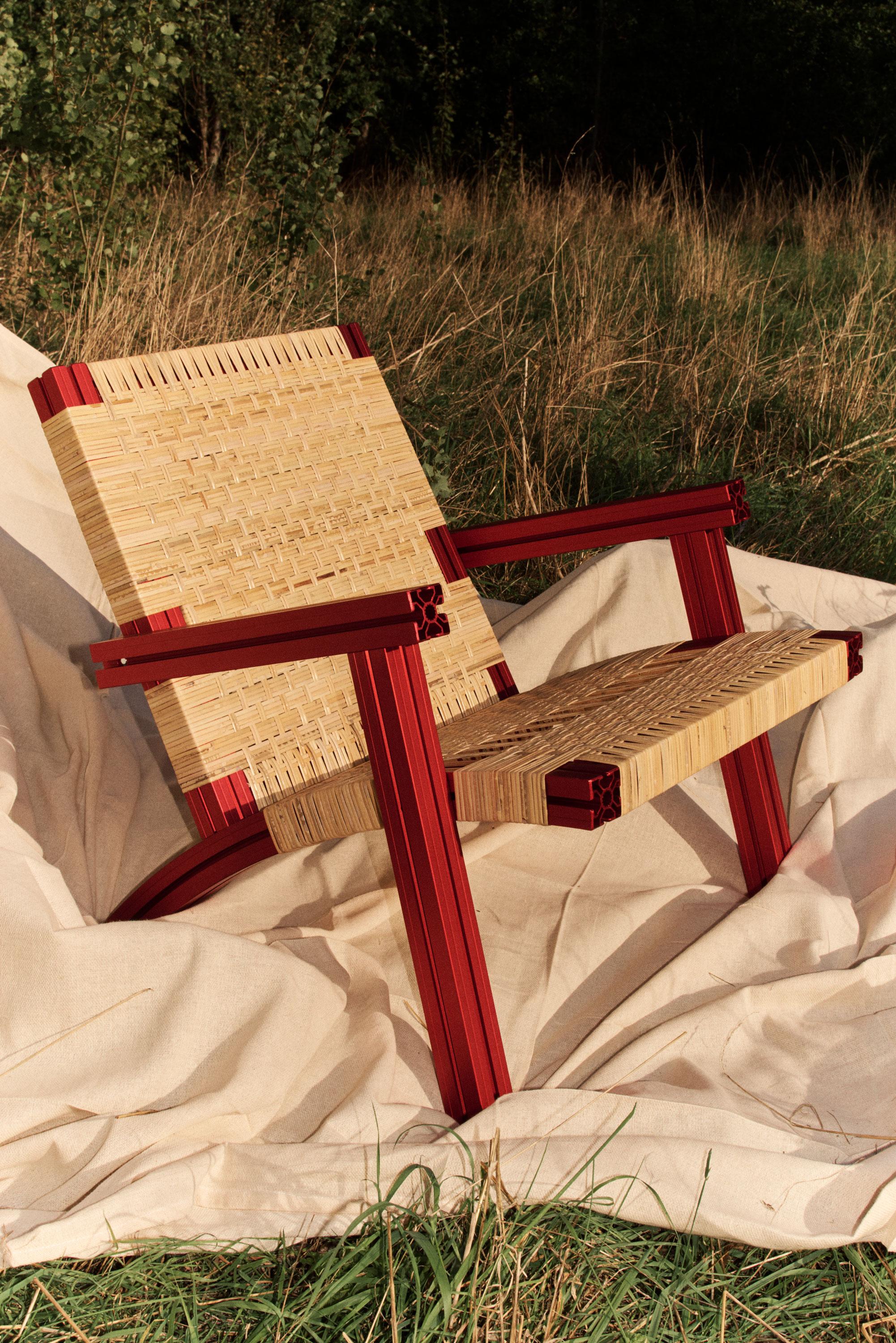 British Red Aluminium Armchair with Lapping Cane Seating from Anodised Wicker Collection For Sale