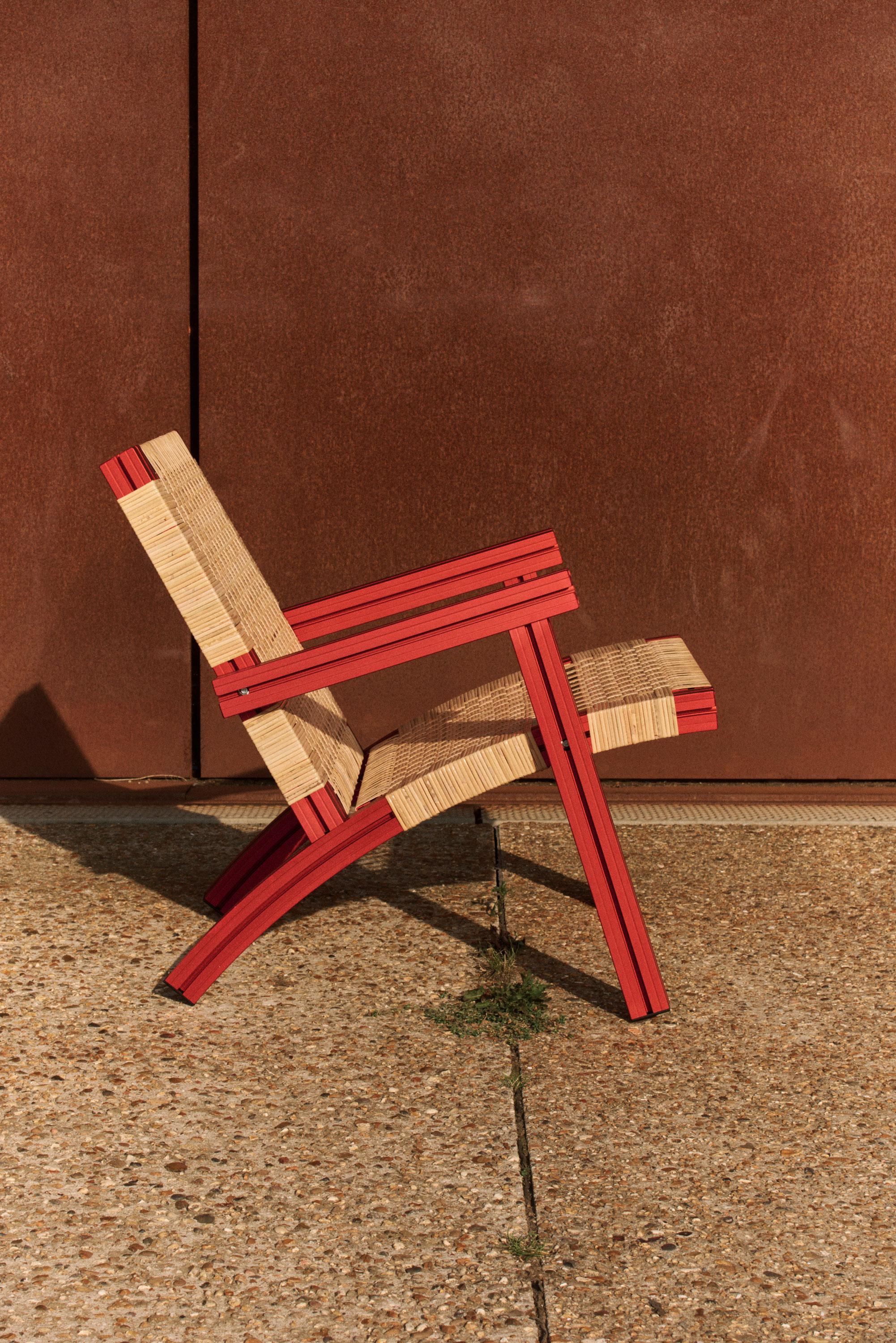 Red Aluminium Armchair with Lapping Cane Seating from Anodised Wicker Collection In New Condition For Sale In London, GB