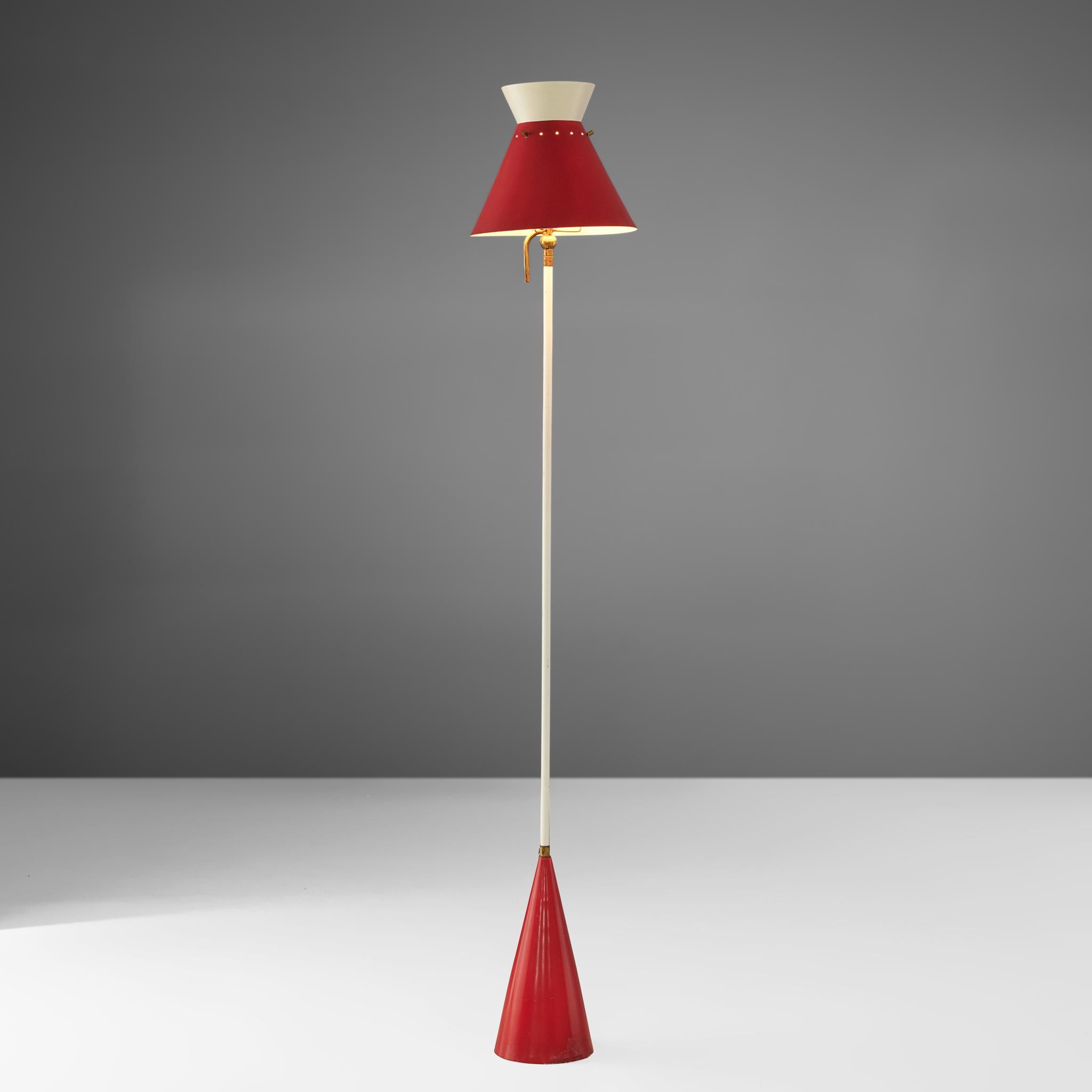 Gilardi & Barzaghi, floor lamp, varnished tubular steel, brass and lacquered aluminium, Italy, 1958.

This floor lamp features a aluminium foot and a shade with a white smaller mirrored head. The bright red color of the lampshade is mirrored in the